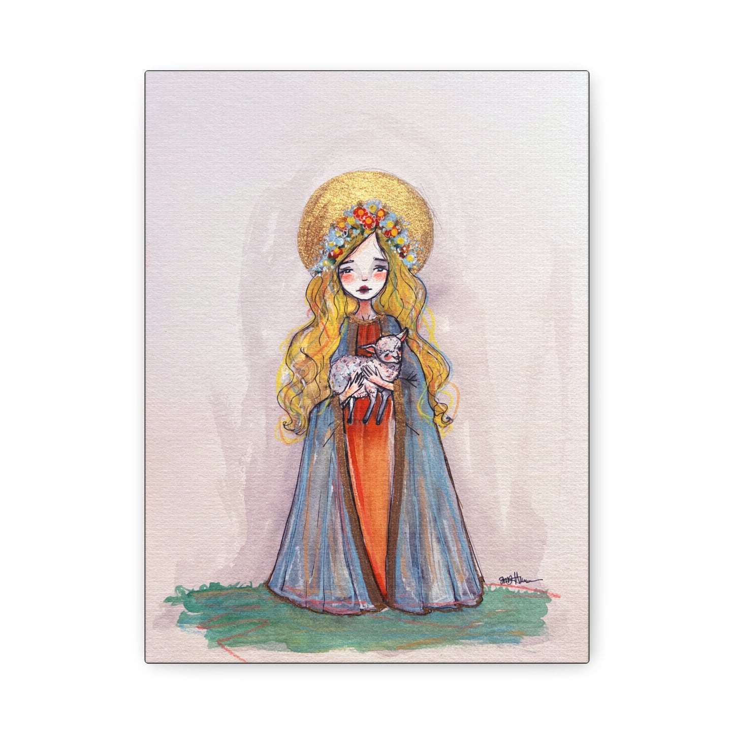 Saint Agnes of Rome Catholic Canvas Print | Christian Sacred Art | Hand-Drawn Watercolor Devotional Wall Art Religious Artwork