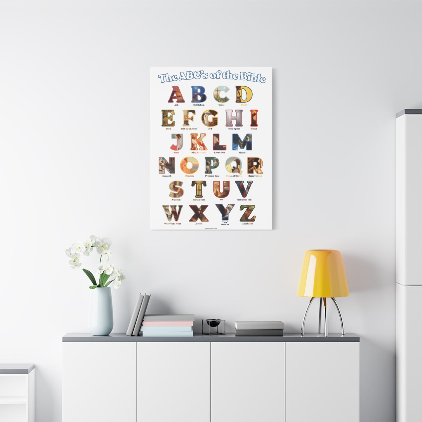 Catholic Bible ABC Prints - Alphabet Canvas - ABCs of the Bible Wall Art - Biblical People Places and Stories -  Homeschool / Sunday School