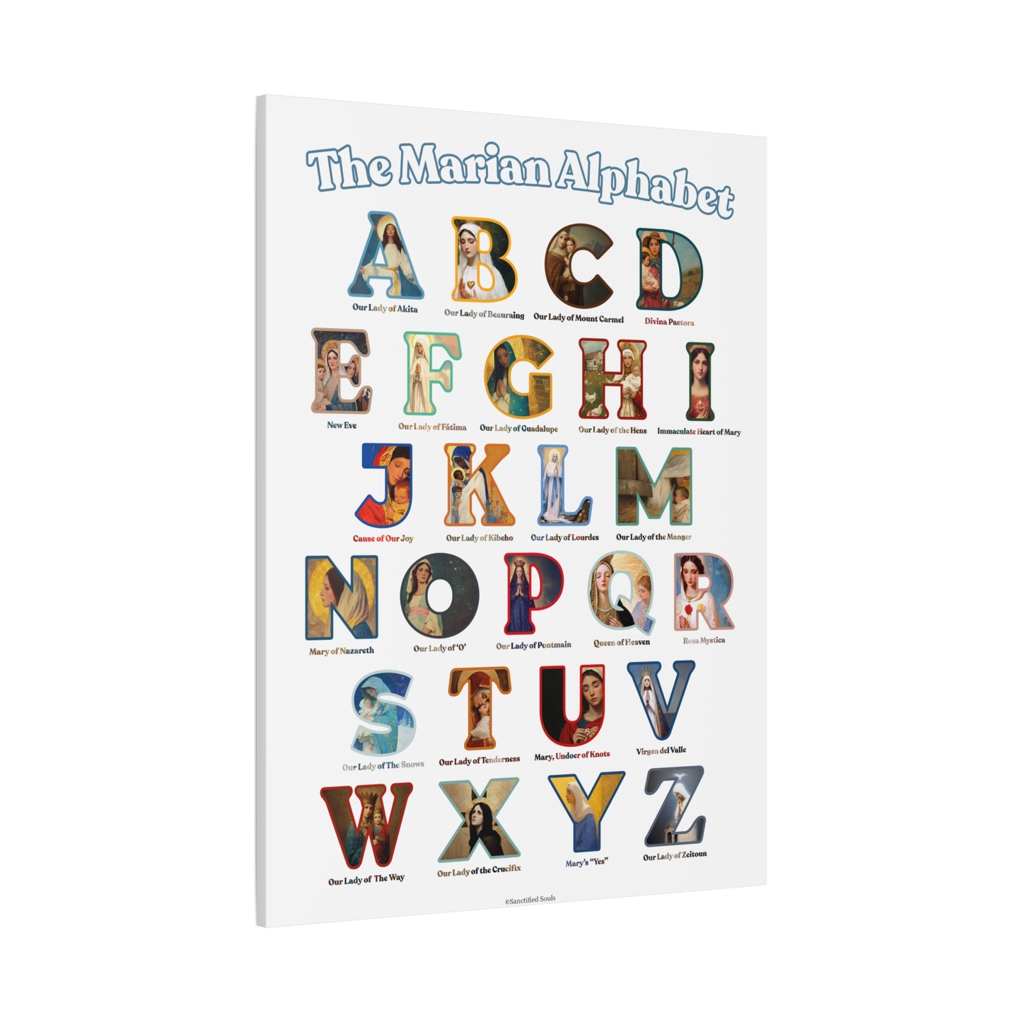 Catholic Marian Alphabet ABC Canvas - Full Alphabet Large Canvas - Catholic ABC Mary - Marian Titles - Catholic Nursery / Homeschool