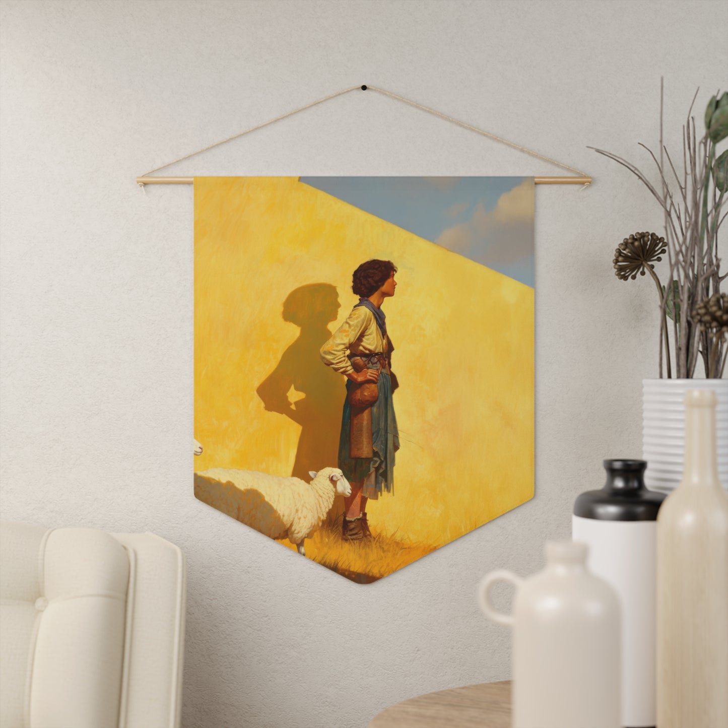 David son of Jesse - David the Shepherd Boy Pennant / Banner / Wall Hanging - Prayer room art - 18" x 21" - Catholic - Large Banner