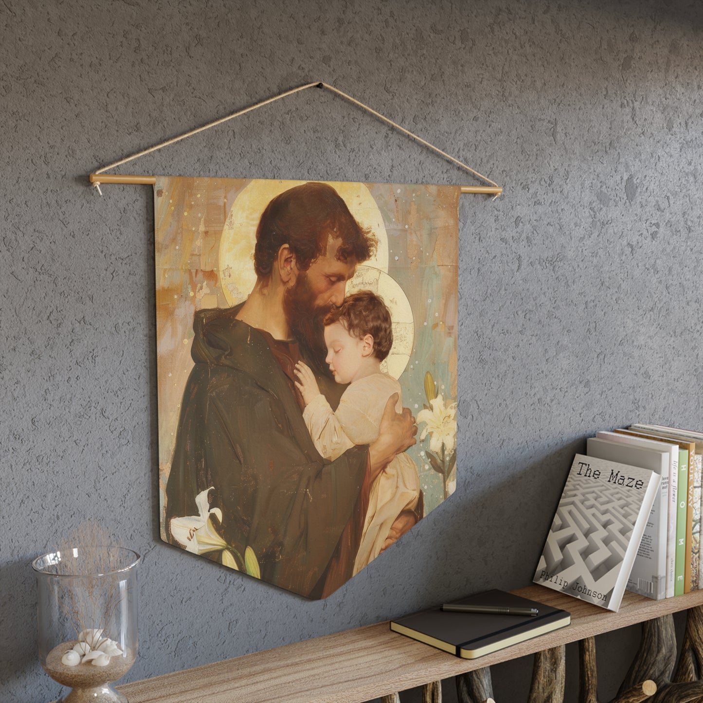 Saint Joseph and the Christ Child Pennant / Banner / Wall Hanging - Prayer room art - Catholic Home - Saint Art for your home - 18" x 21"