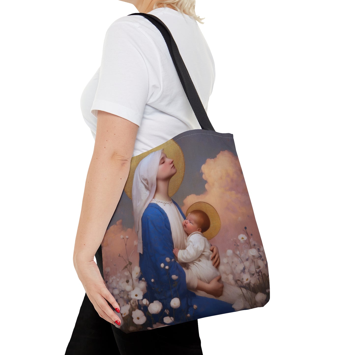 Our Lady Among the Flowers - Tote Bag - Large Medium Small Faith Art Bag - Bible Study Faith Purse - Double Sided Prayer Tote