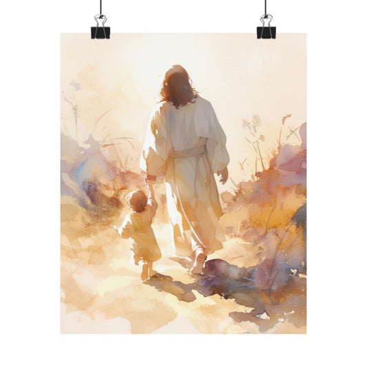 Jesus Guiding a Child in Faith - Christ and Child Poster Print - Sanctified Souls Print - Catholic Art - Christian painting
