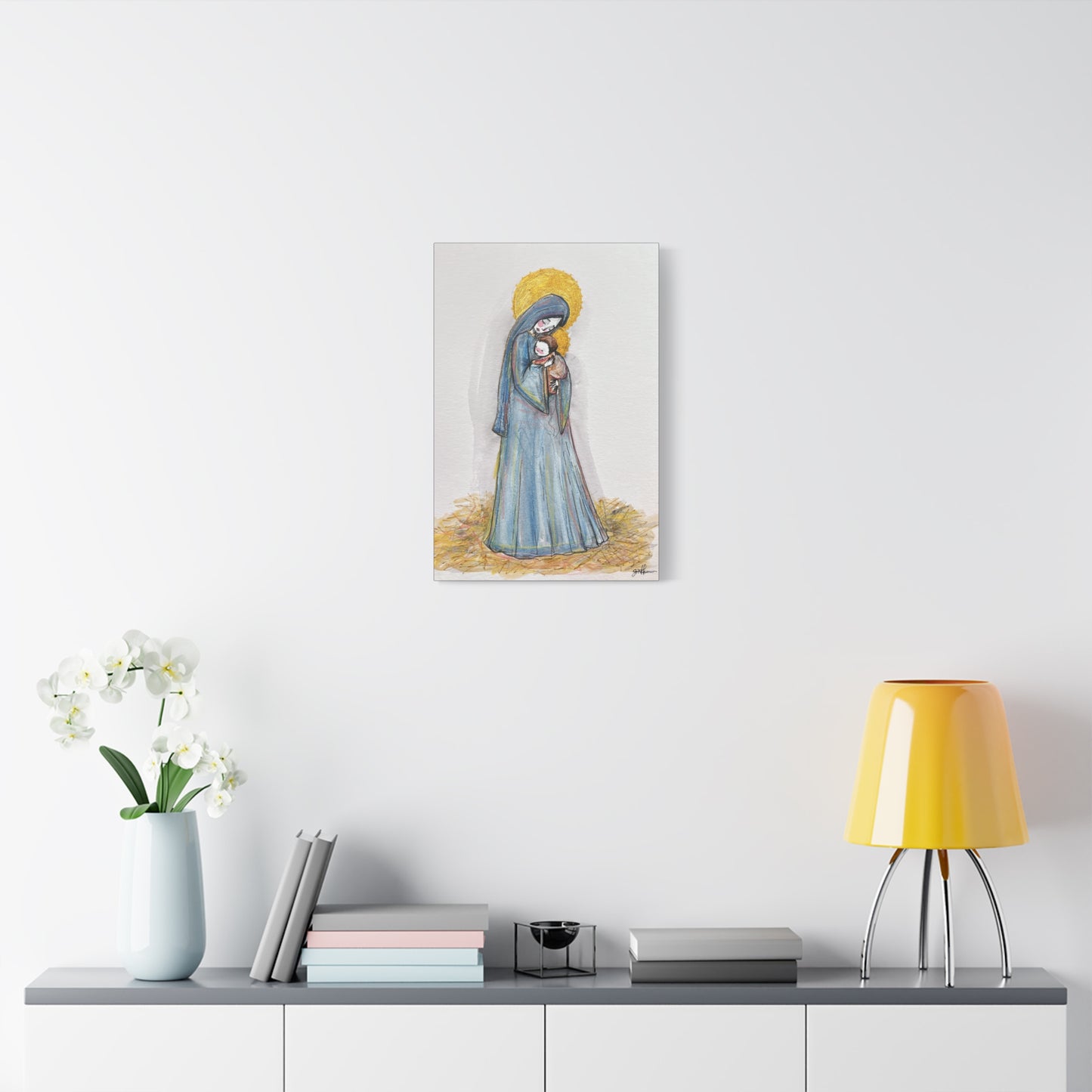 Our Lady of the Manger - Mother Mary Art - Catholic Canvas Print | Virgin Mary Sacred Art | Hand-Drawn Watercolor Christian Wall Art