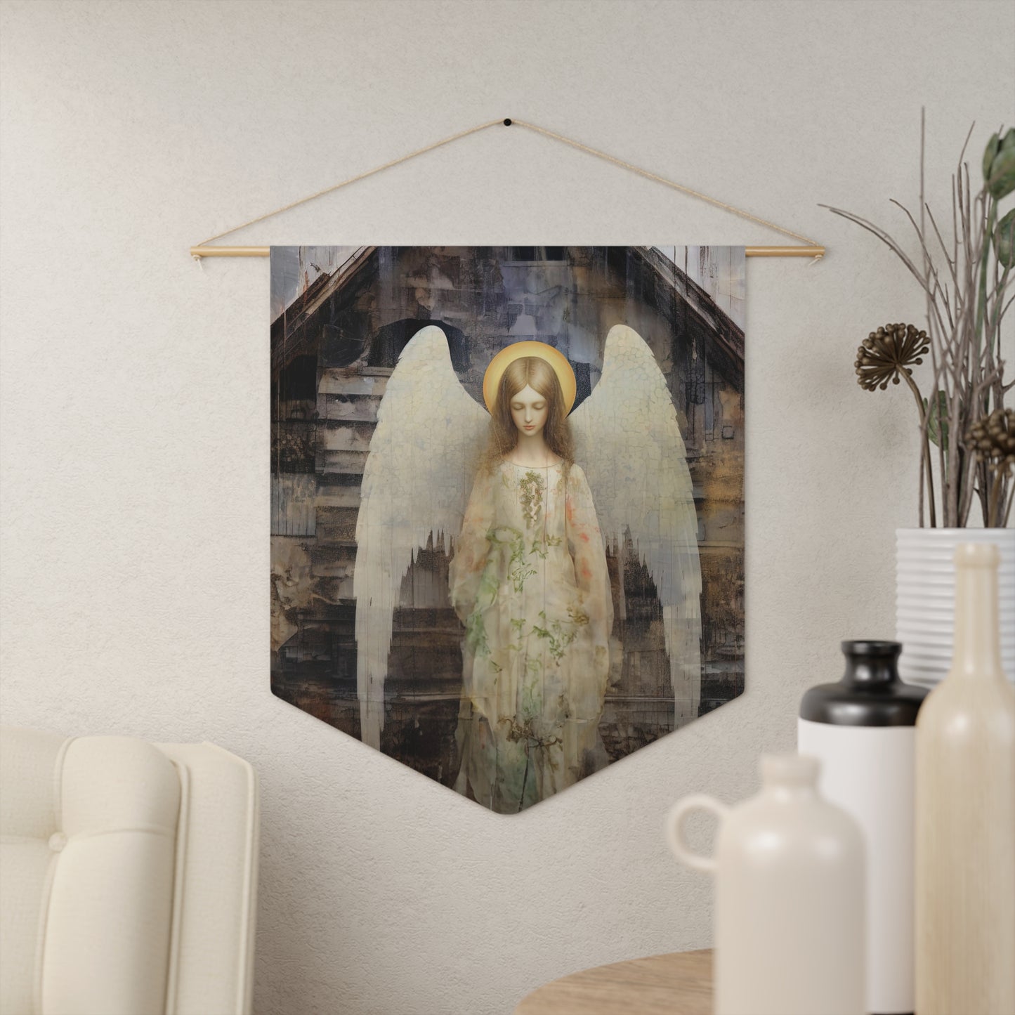 The Unseen Protector Wall Banner / Wall Hanging - Unique Religious Art for your home - Prayer room - Guardian Angel - 18" x 21"