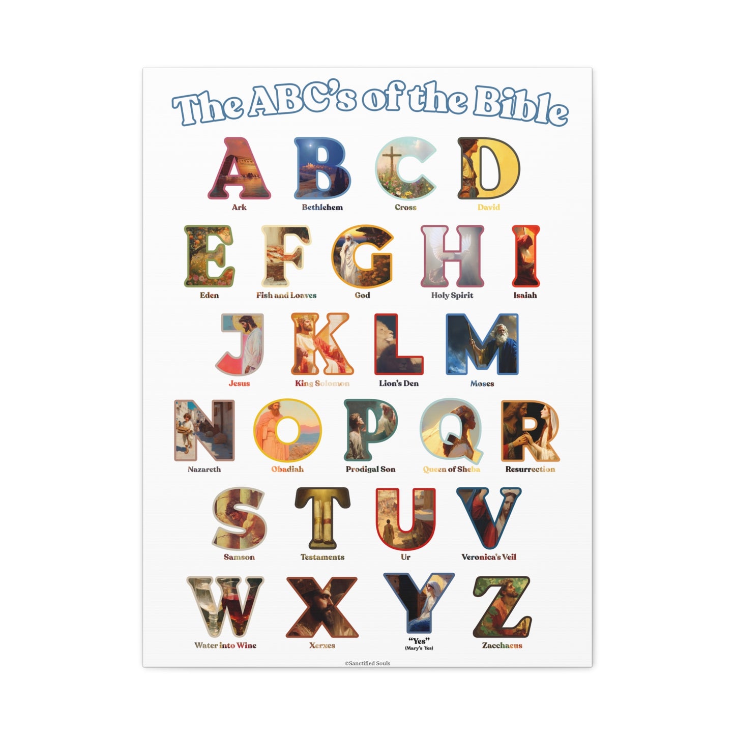 Catholic Bible ABC Prints - Alphabet Canvas - ABCs of the Bible Wall Art - Biblical People Places and Stories -  Homeschool / Sunday School