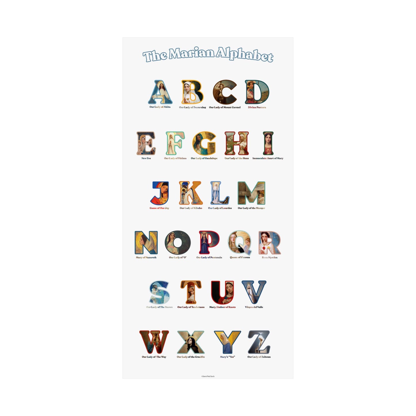 Catholic Marian Alphabet Poster - ABC Wall Art - Marian Titles Catholic Print - Catholic Nursery or Homeschool Faith Decor - Mother Mary Art