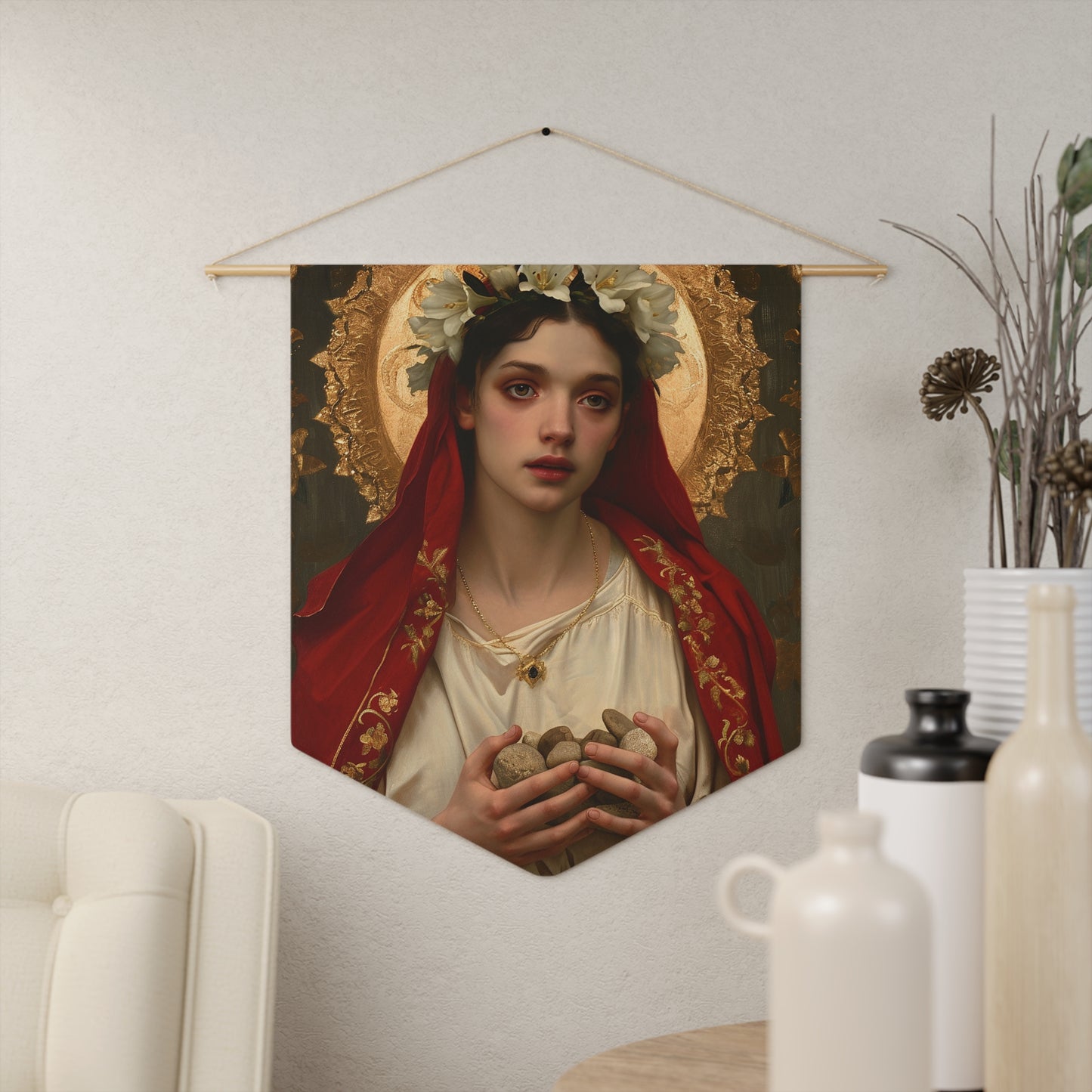 Saint Emerentiana Pennant / Banner / Wall Hanging - Prayer room art - Catholic Home Art - Large Saint Art for your home - 18" x 21"