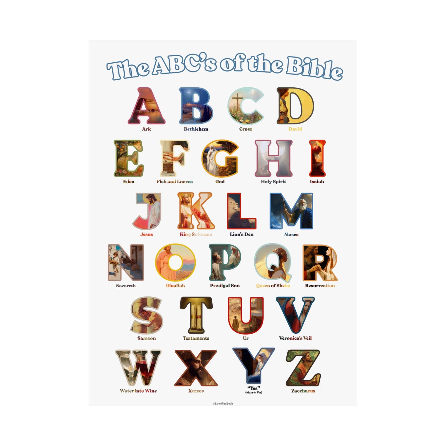 Bible ABC Poster - ABCs of the Bible Wall Art - Biblical People Places and Stories Chart - Christian Homeschool or Sunday School Decor