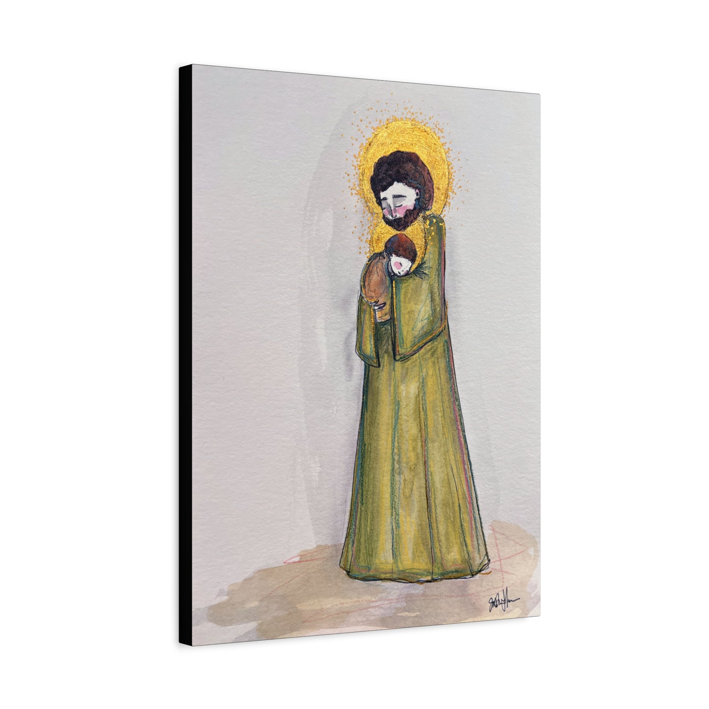 Saint Joseph and Child Jesus Catholic Canvas Print | Hand-Drawn Watercolor Sacred Art | Christian Devotional Wall Art