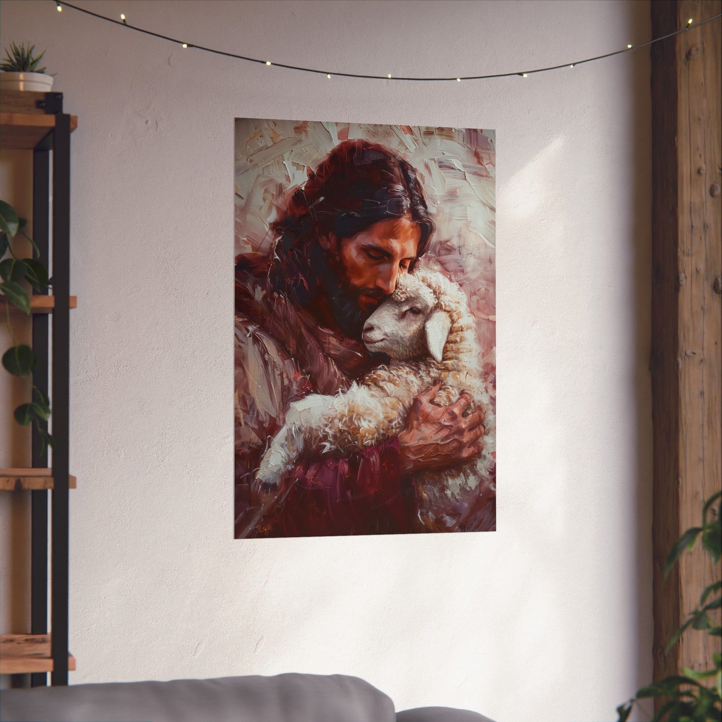 Jesus and the Little Lamb Poster Print - Sanctified Souls Print - Multiple Sizes - Premium Posters - Catholic Art - Christian painting
