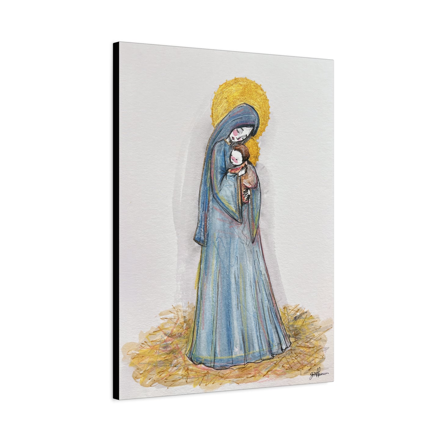 Our Lady of the Manger - Mother Mary Art - Catholic Canvas Print | Virgin Mary Sacred Art | Hand-Drawn Watercolor Christian Wall Art