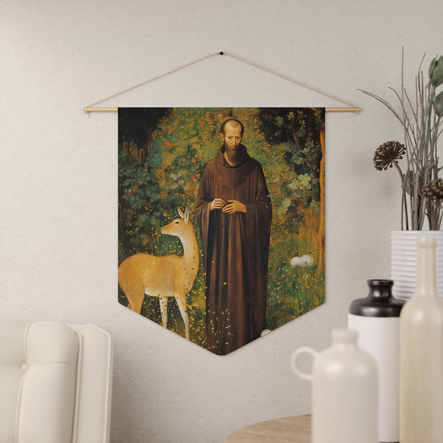 Saint Giles Wall Banner / Wall Hanging - Prayer room art - Catholic Home Art - Large Saint Art - 18" x 21"