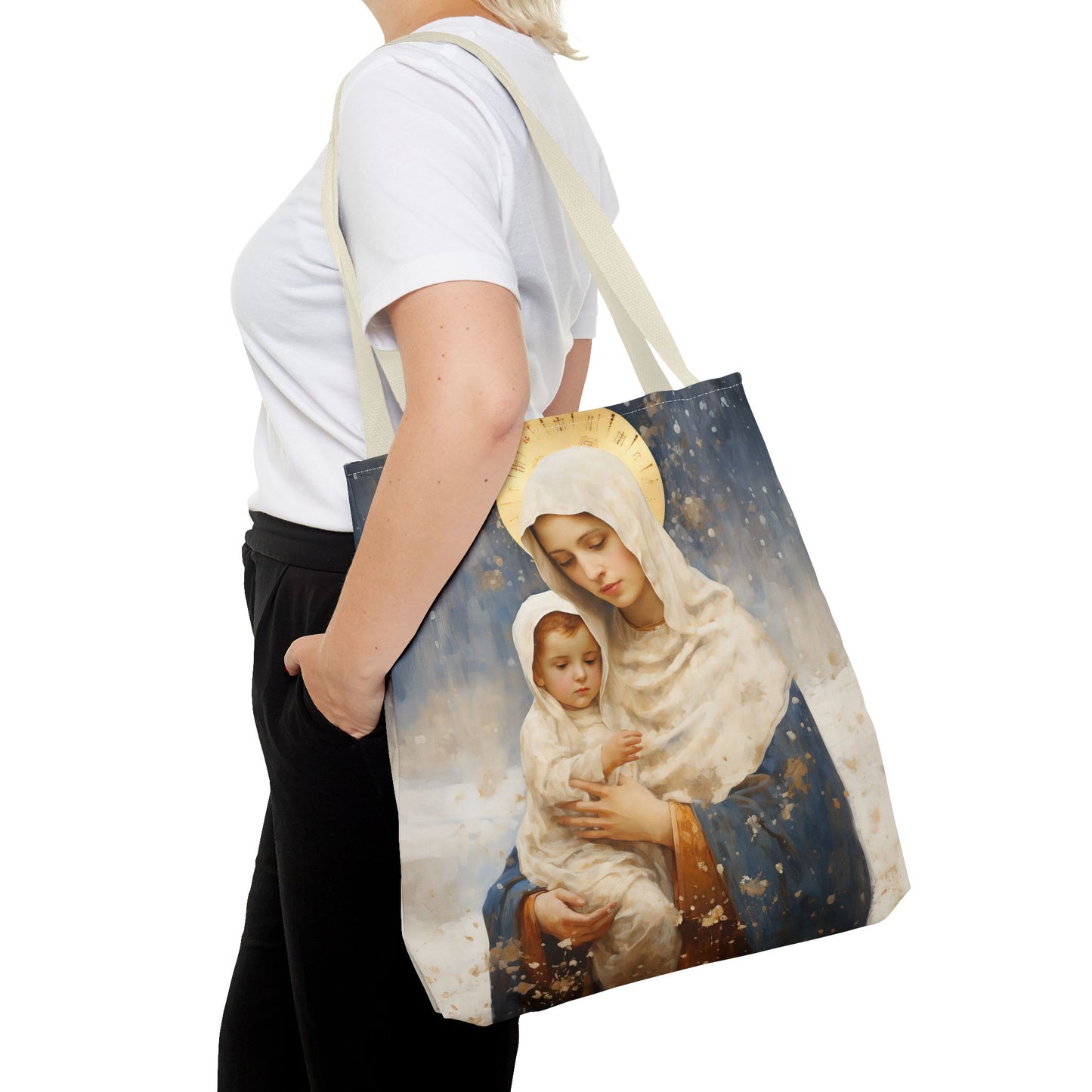 Winter's Grace : Our Lady of the Snows Tote Bag - Catholic faith inspired carry-all purse - day to day bag - Double Sided