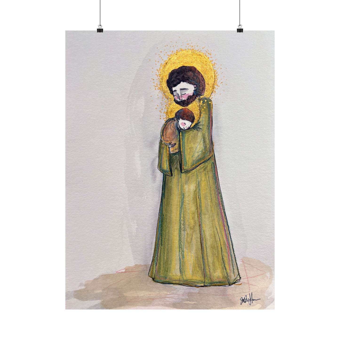 Saint Joseph and Child Jesus Catholic Art Print | Hand-Drawn Watercolor Sacred Artwork | Christian Devotional Wall Art