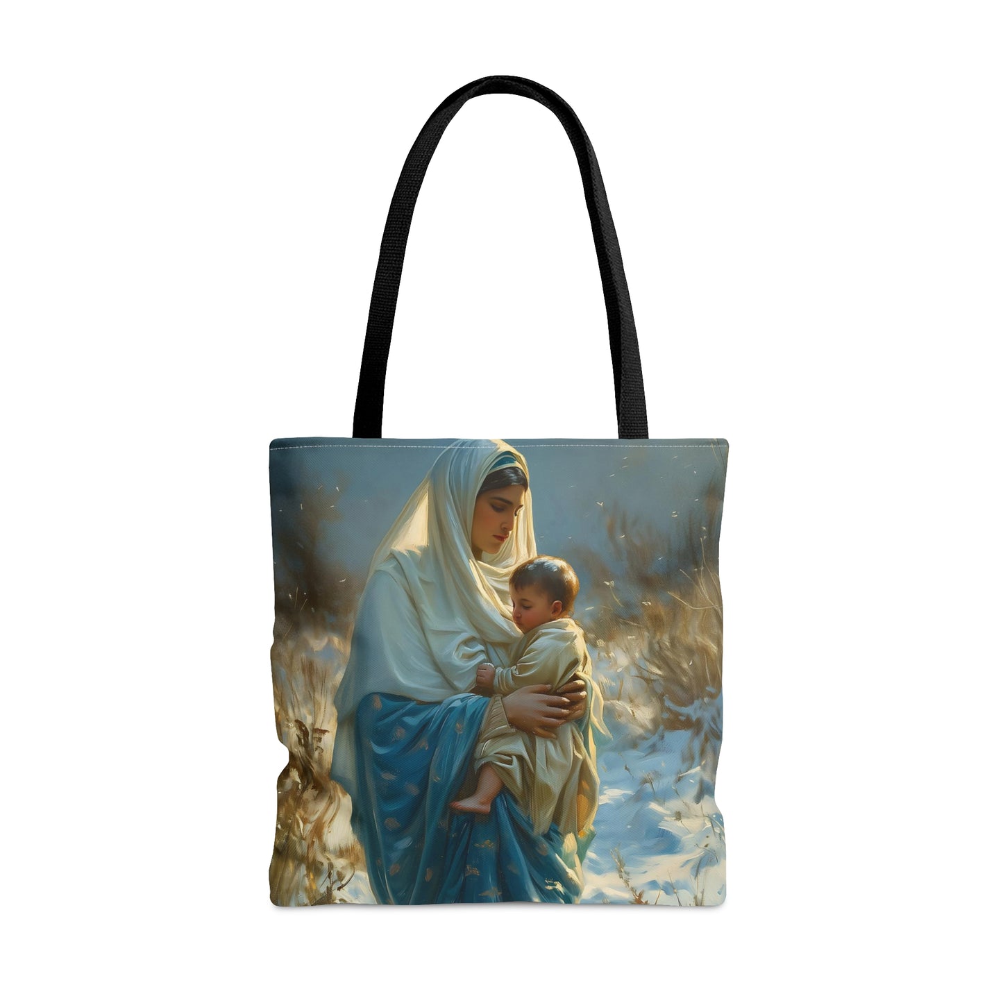 Snowfall of Grace - Our Lady's Winter Radiance - Our Lady of the Snows Tote Bag - Large Medium Small Faith Art Bag