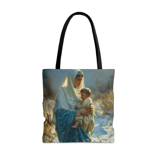 Snowfall of Grace - Our Lady's Winter Radiance - Our Lady of the Snows Tote Bag - Large Medium Small Faith Art Bag