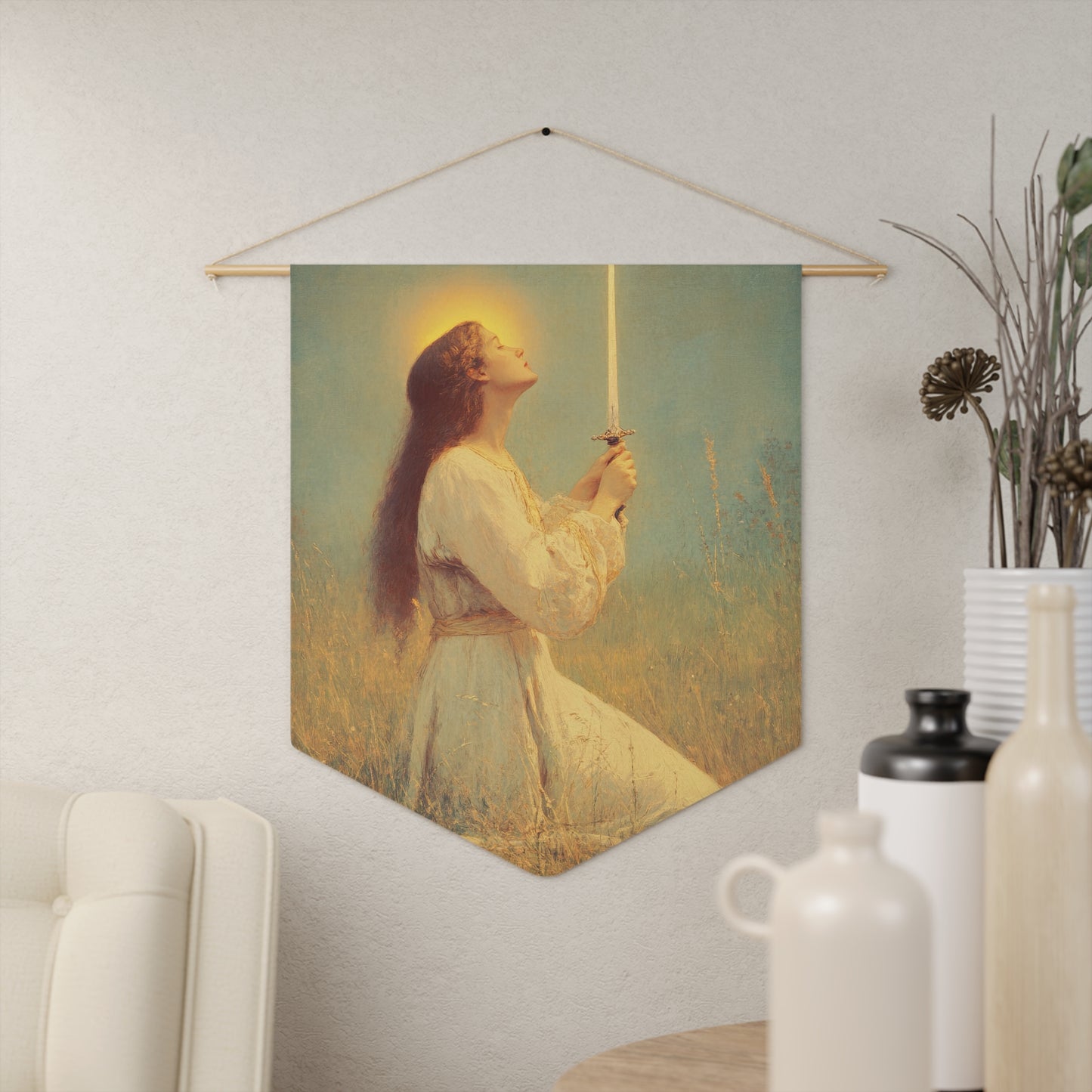 Saint Joan of Arc Pennant / Banner / Wall Hanging - Prayer room art - 18" x 21" - Catholic - Large Banner