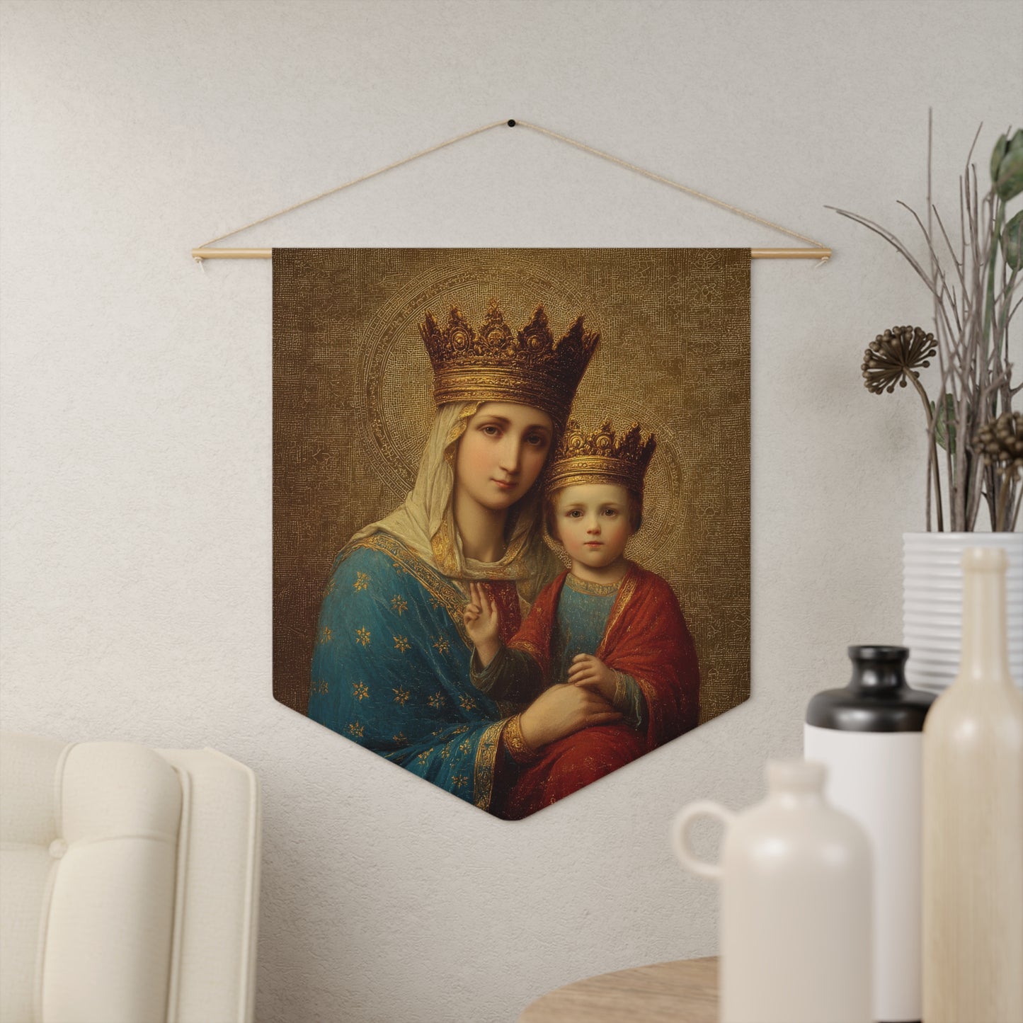Madonna della Strada - Our Lady of the Way - Pennant / Banner / Wall Hanging - Prayer room art - Catholic Home - 18" x 21"