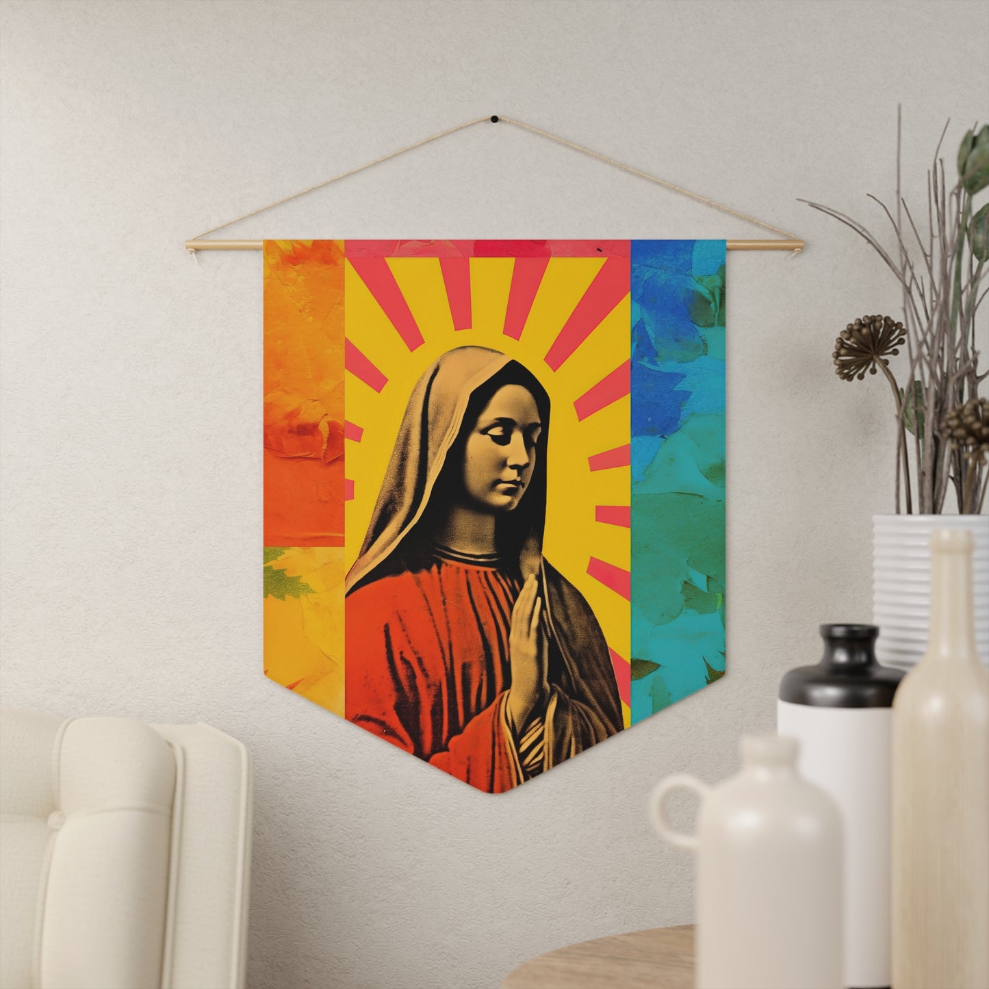 Radiant Mary Wall Banner / Wall Hanging / Pennant - Prayer room - Catholic Art - Saint Art - Large Saint Print - 18" x 21" - Virgin Mary Art