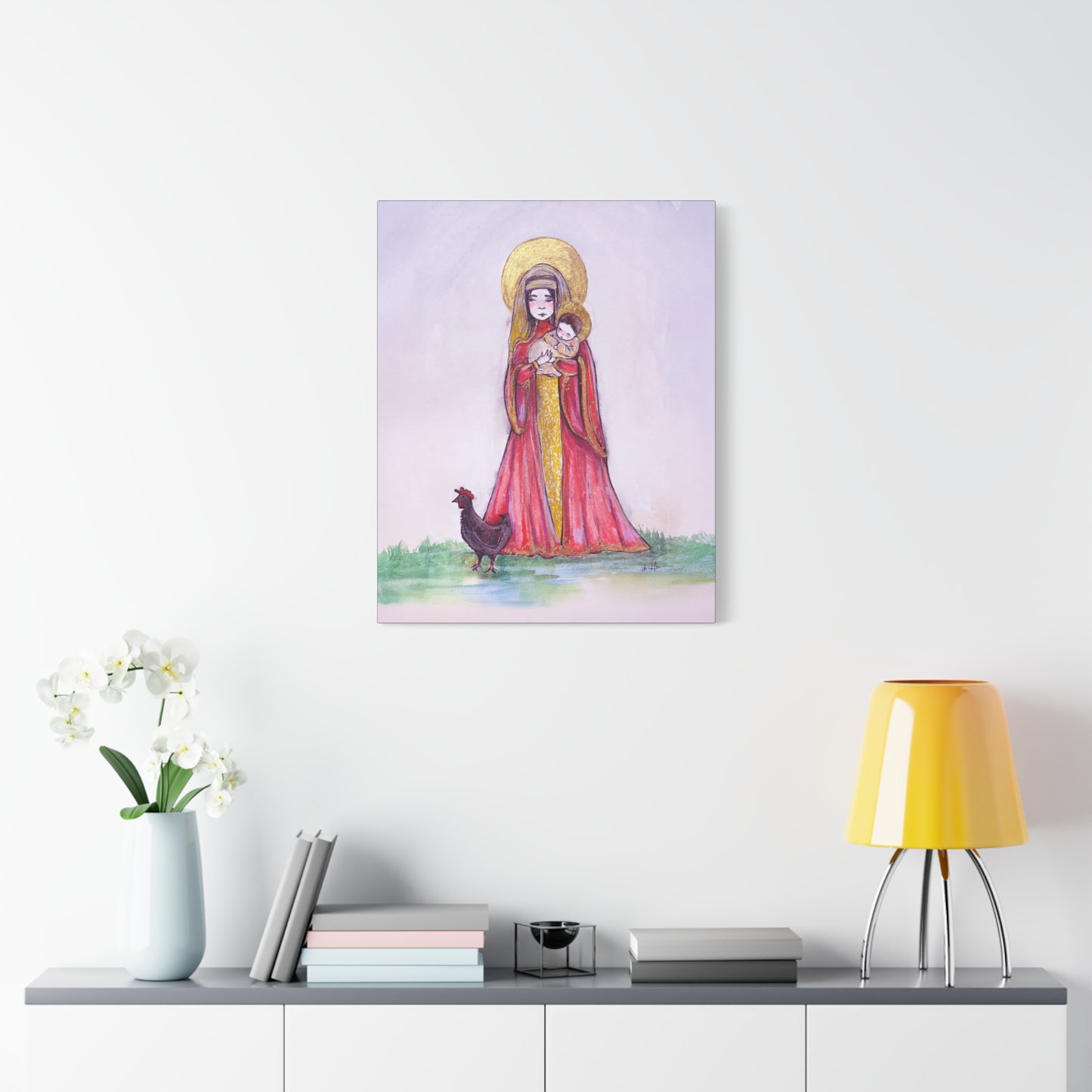 Our Lady of the Hens Catholic Canvas Print | Virgin Mary and Child Sacred Art | Hand-Drawn Watercolor Marian Wall Art