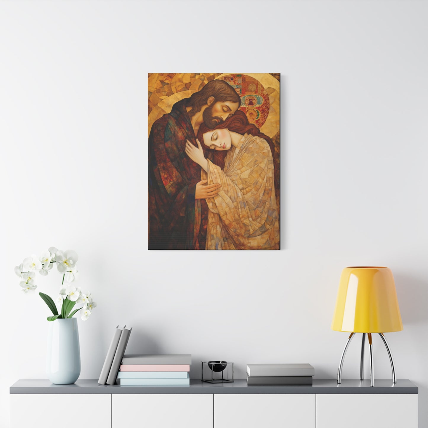 Healing Love- The Embrace of Christ and Mary Magdalene Museum Wrapped Canvas - Sanctified Souls Print -Based on Klimt's The Kiss