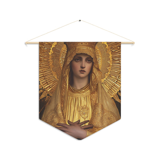 Golden Mary - Radiant Tribute to Our Lady of the Gate of Dawn Pennant / Banner / Wall Hanging - Prayer room - Catholic Home - 18" x 21"