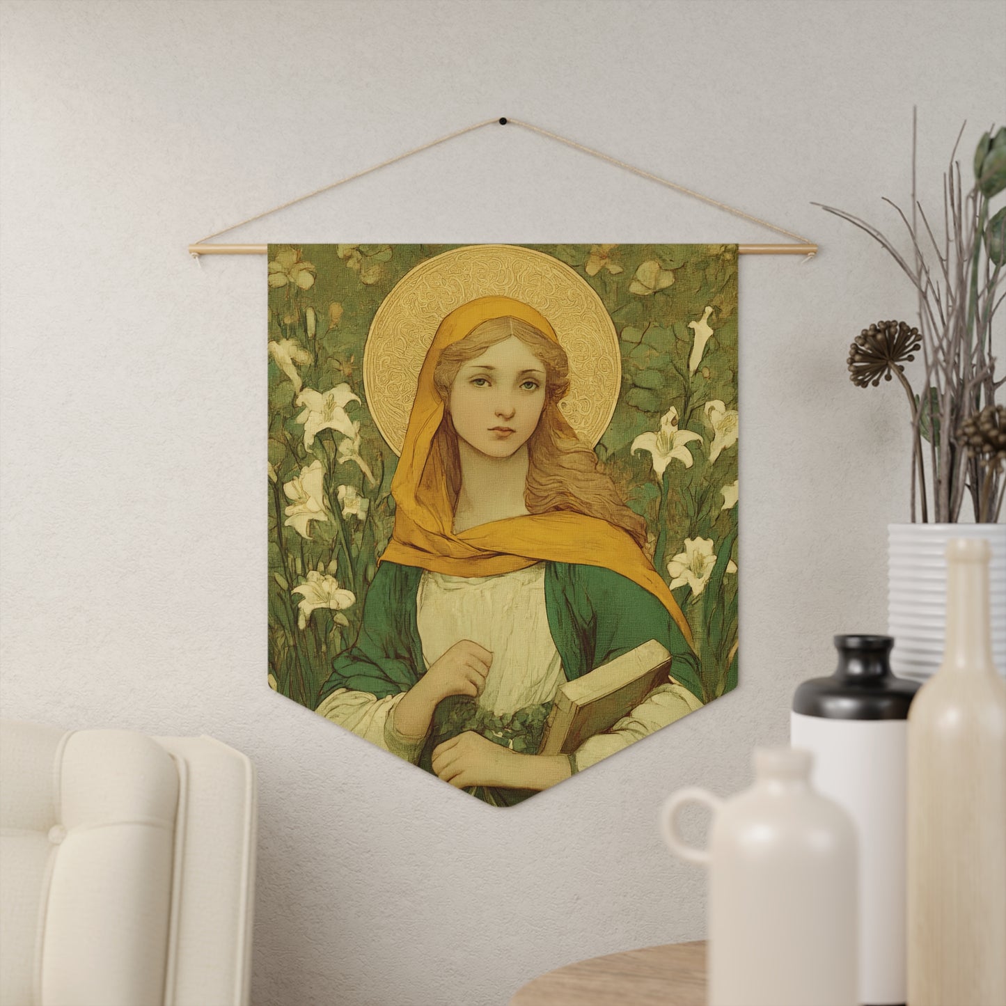Saint Dymphna Pennant / Banner / Wall Hanging - Prayer room art - Catholic Home - 18" x 21"
