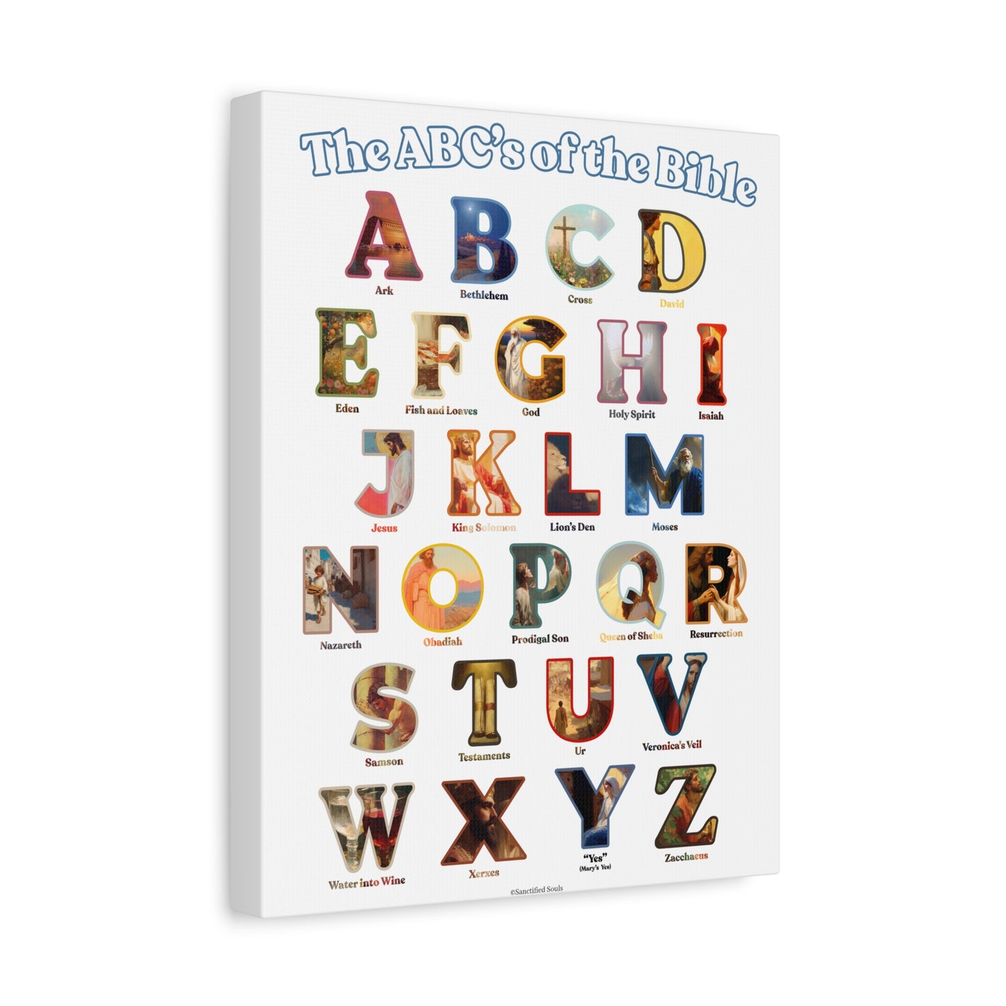 Catholic Bible ABC Prints - Alphabet Canvas - ABCs of the Bible Wall Art - Biblical People Places and Stories -  Homeschool / Sunday School