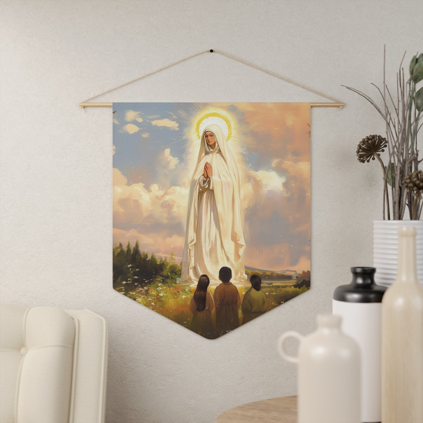 Our Lady of Fátima  Pennant / Banner / Wall Hanging - Prayer room art - 18" x 21" - Catholic prayer Religious Christian Gift