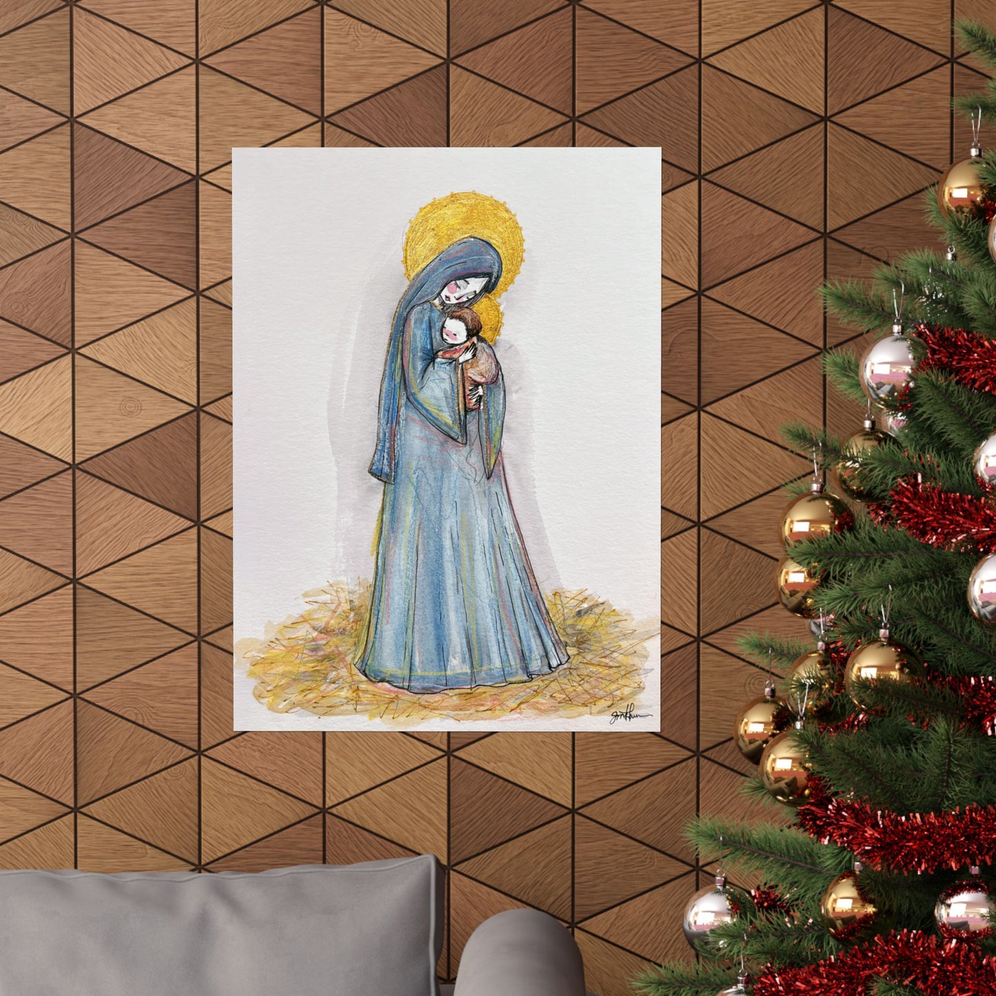 Our Lady of the Manger Catholic Art Print | Hand-Drawn Watercolor Virgin Mary Artwork | Christian Devotional Wall Art
