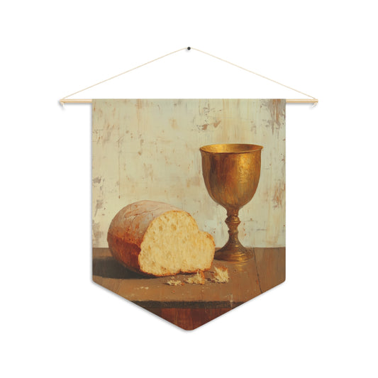 Cup of Sorrows, Bread of Life Pennant / Banner / Wall Hanging - Prayer room art - Catholic Home - 18" x 21"