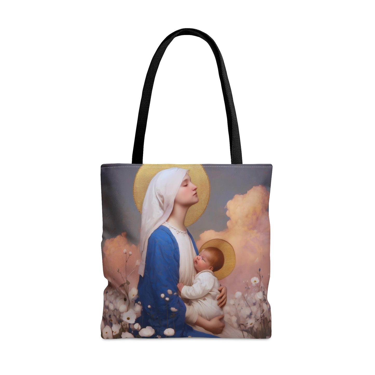 Our Lady Among the Flowers - Tote Bag - Large Medium Small Faith Art Bag - Bible Study Faith Purse - Double Sided Prayer Tote