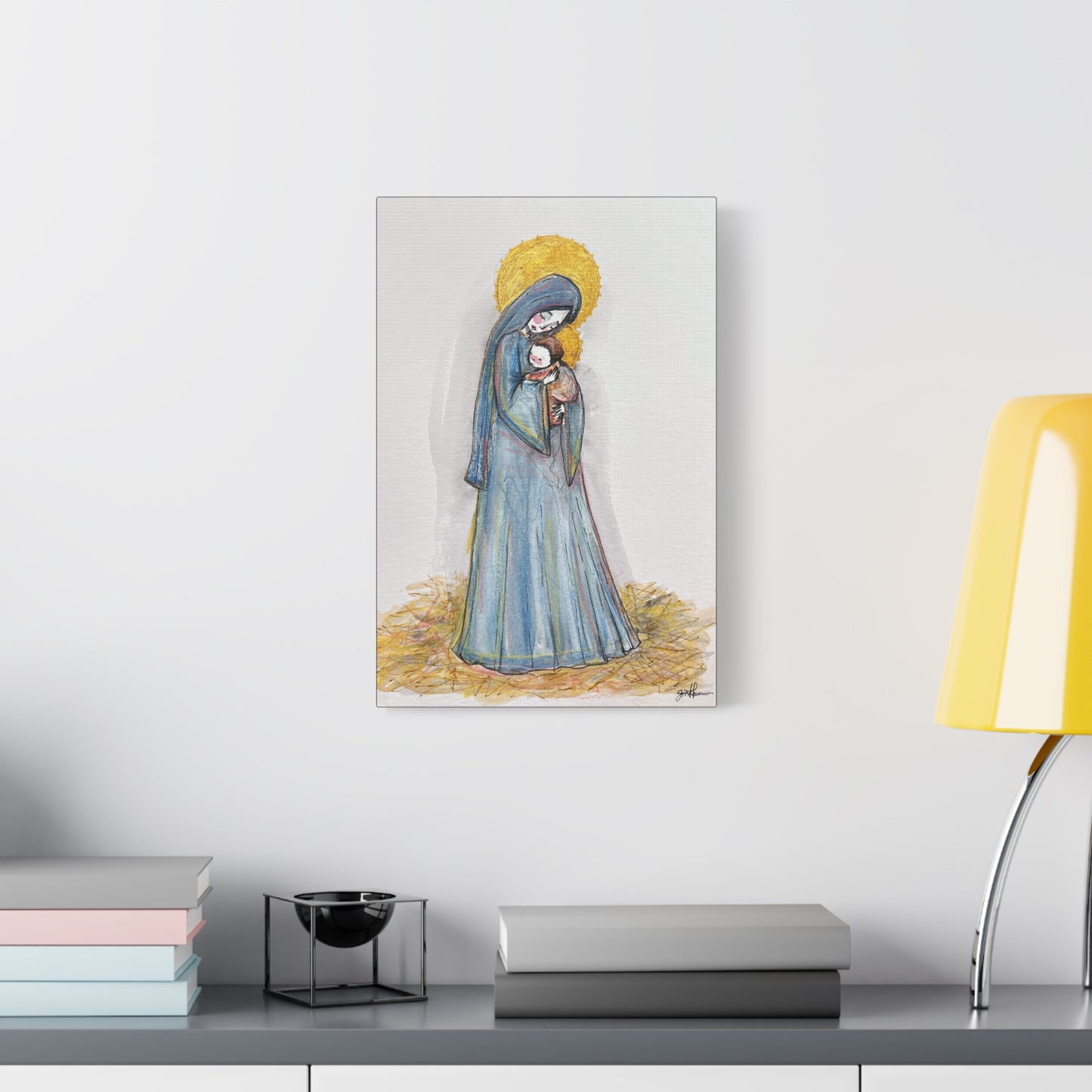 Our Lady of the Manger - Mother Mary Art - Catholic Canvas Print | Virgin Mary Sacred Art | Hand-Drawn Watercolor Christian Wall Art