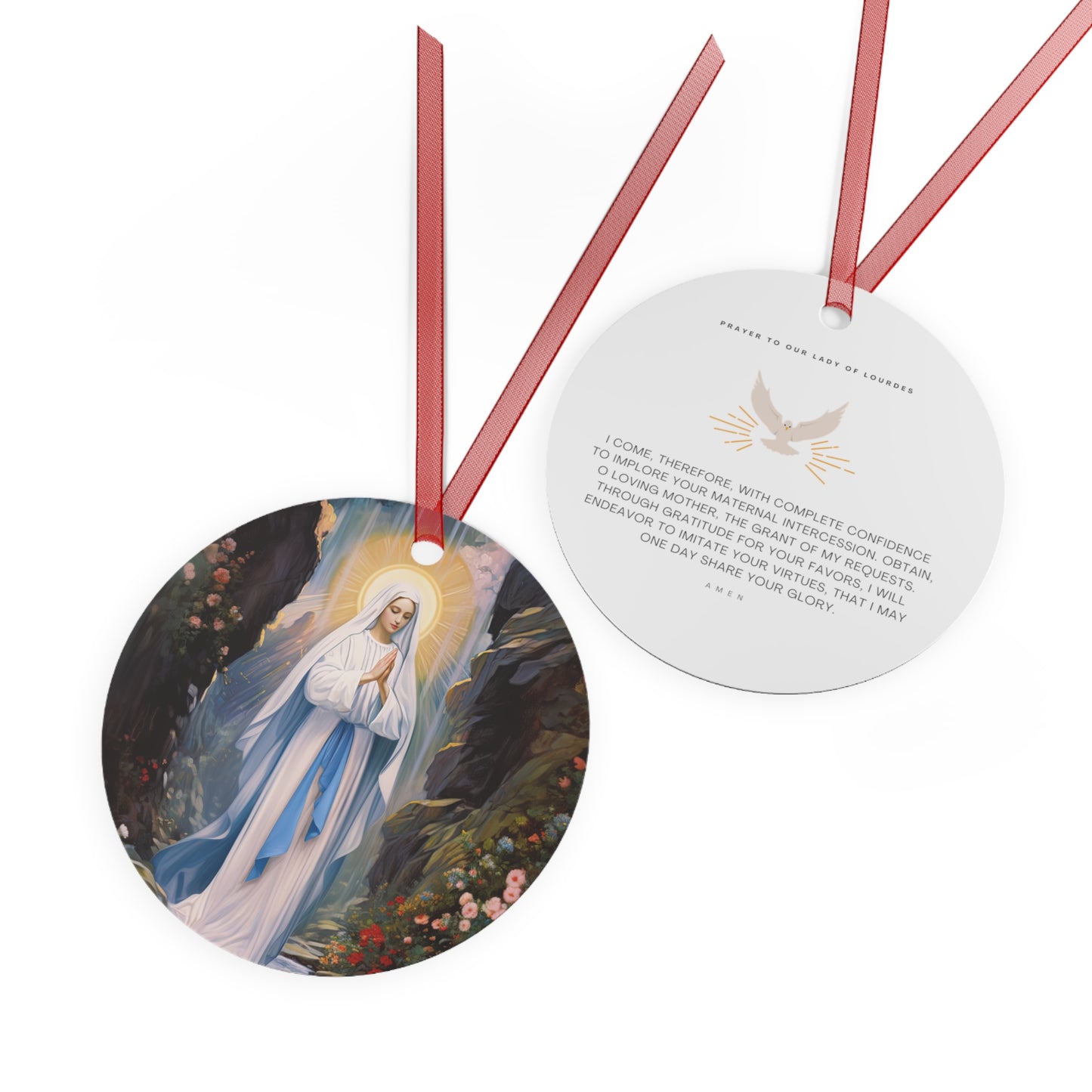 Our Lady of Lourdes Metal Ornament - Religious Holiday Christmas Ornament and Keepsake - Double sided