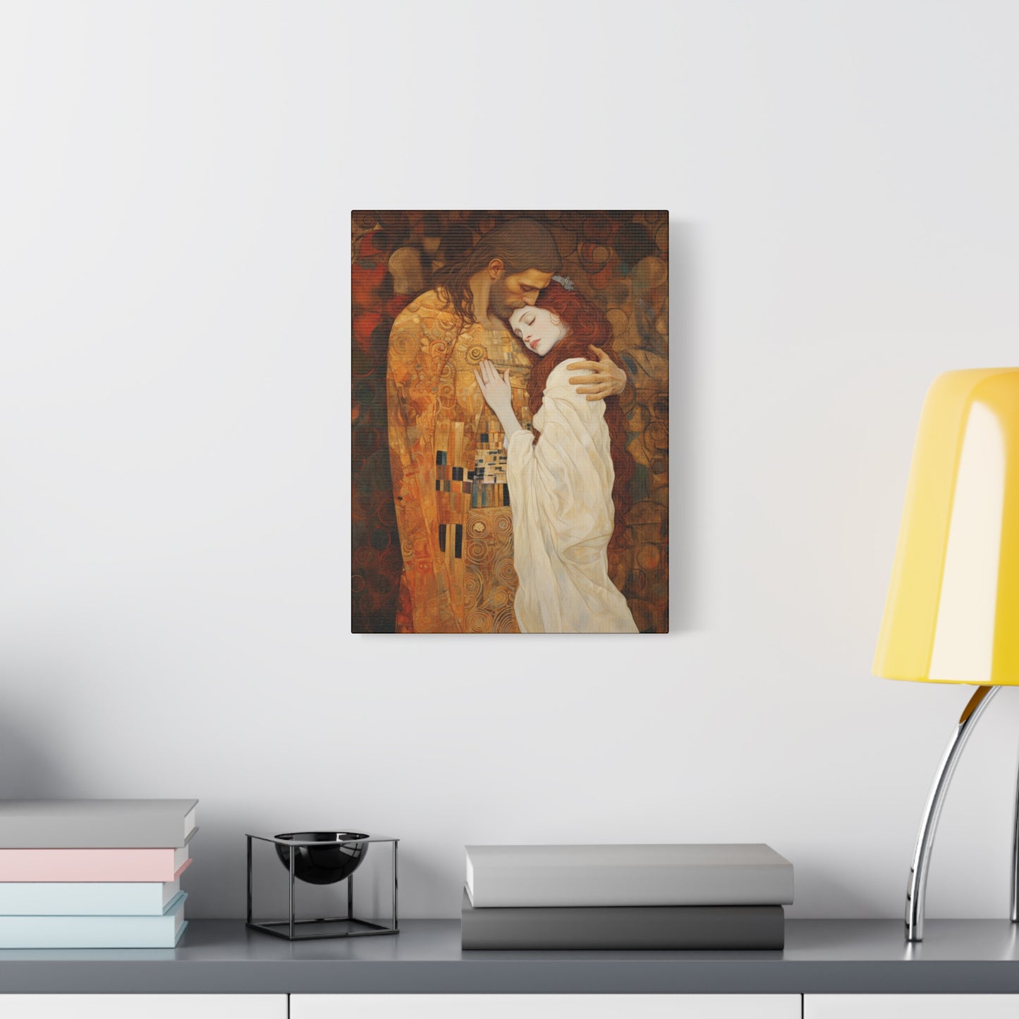 Transcendent Devotion: Christ Embracing Mary Magdalene Museum Wrapped Canvas - Sanctified Souls Print - Based on Klimt's The Kiss