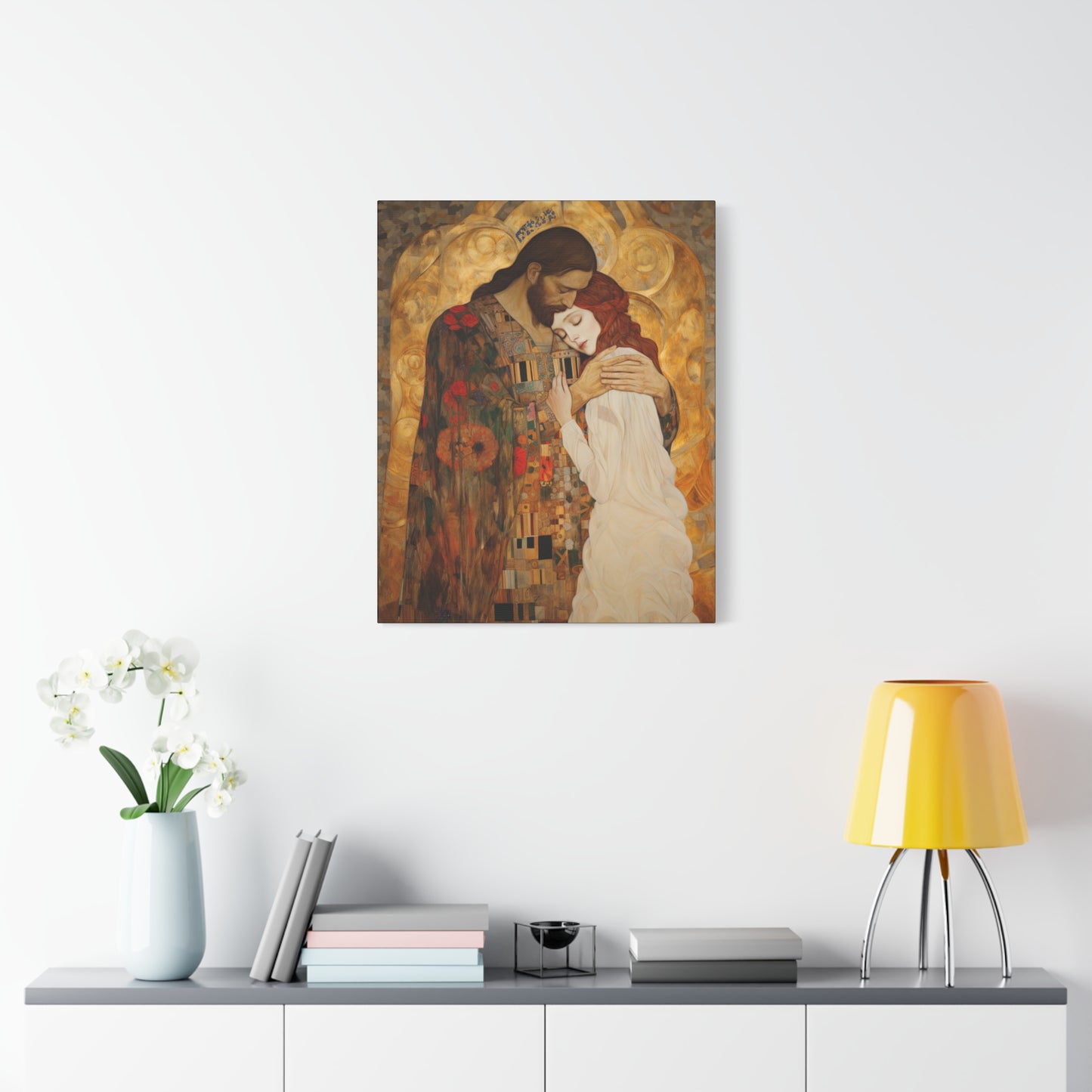 Christ Embracing Mary Magdalene Museum Wrapped Canvas - Sanctified Souls Print -Based on Klimt's The Kiss - Religious Catholic Art