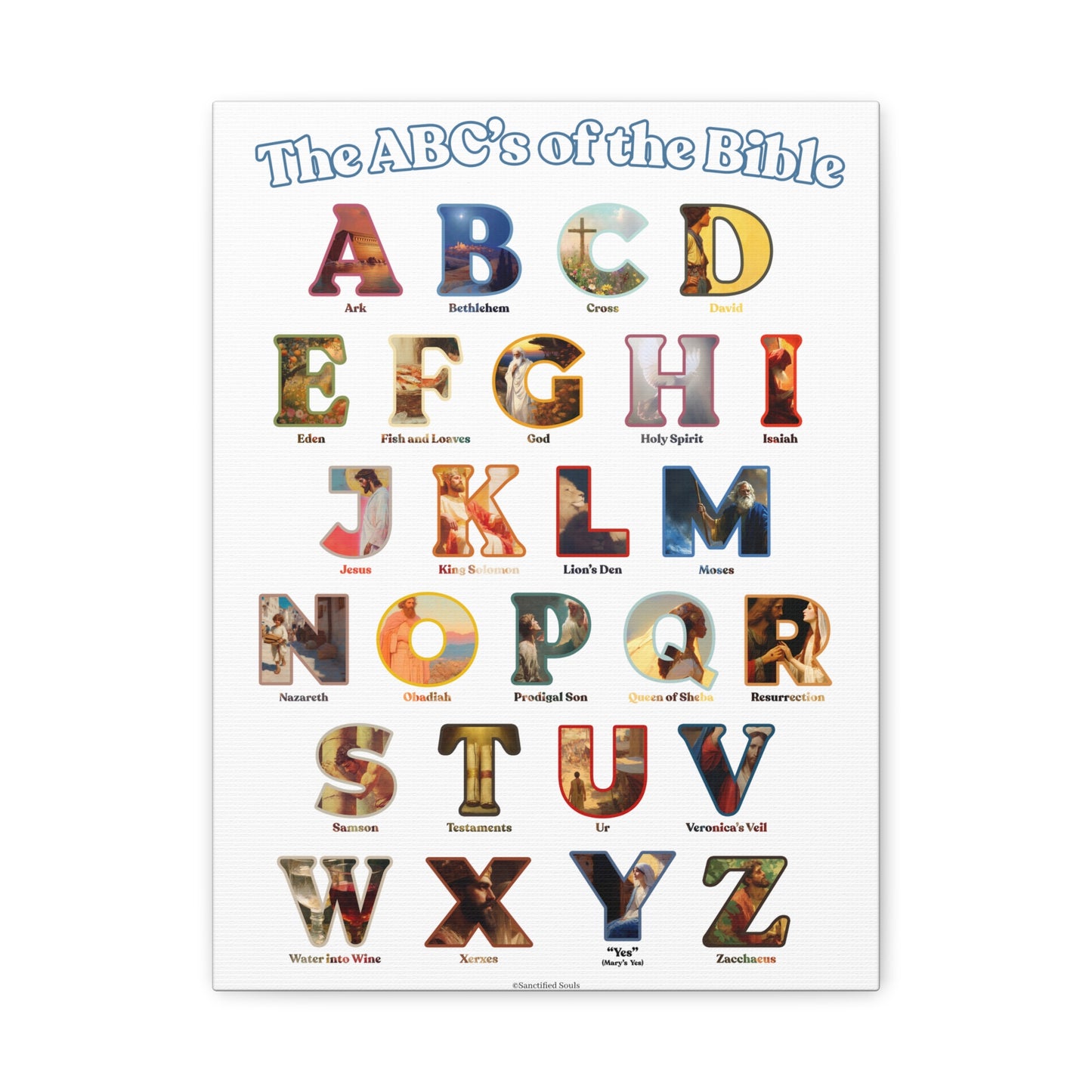 Catholic Bible ABC Prints - Alphabet Canvas - ABCs of the Bible Wall Art - Biblical People Places and Stories -  Homeschool / Sunday School
