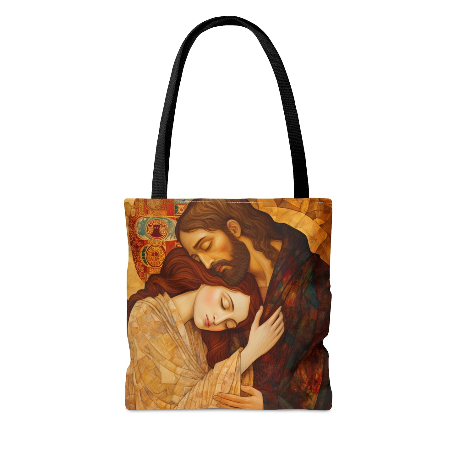Healing Love- The Embrace of Christ and Mary Magdalene Tote Bag - Catholic faith inspired carry-all purse - Based on The Kiss by Klimt