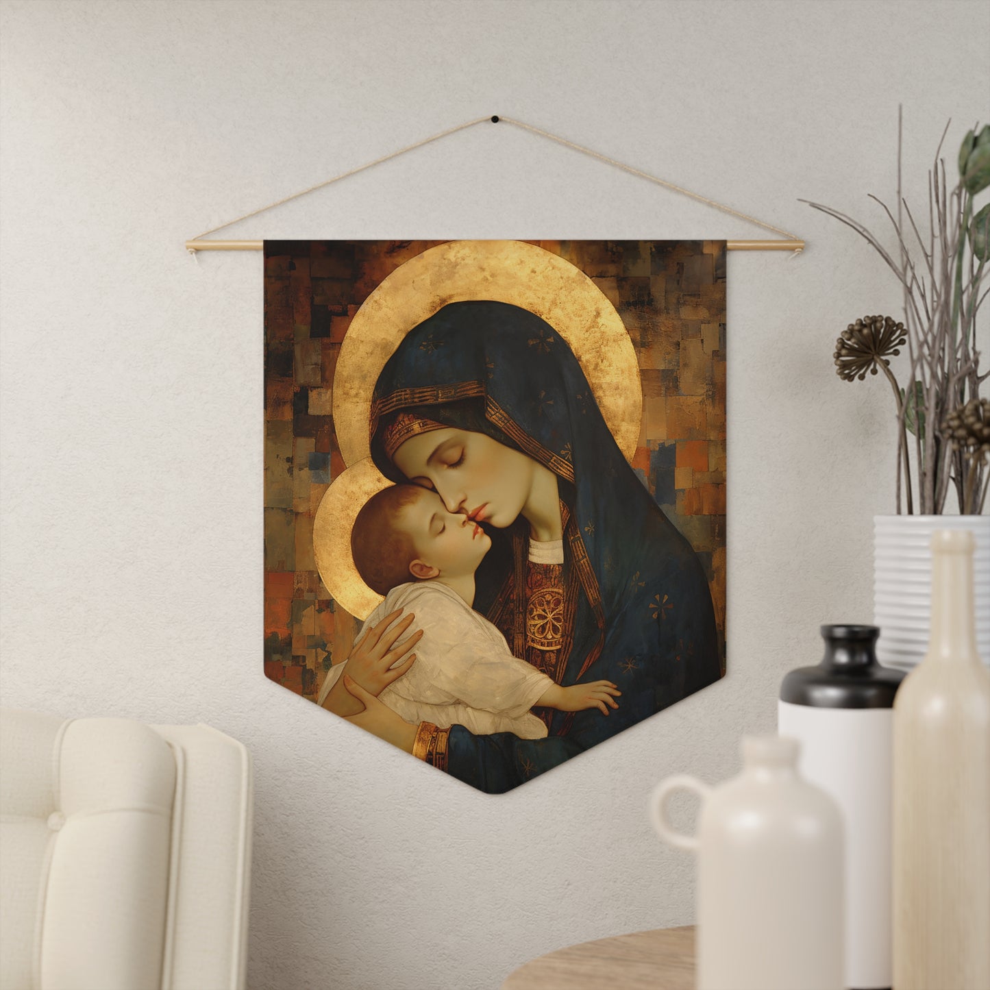 Mother of Mercy Wall Banner / Wall Hanging - The Virgin Mary and the Christ Child - Prayer room art - Catholic Home Art - 18" x 21"