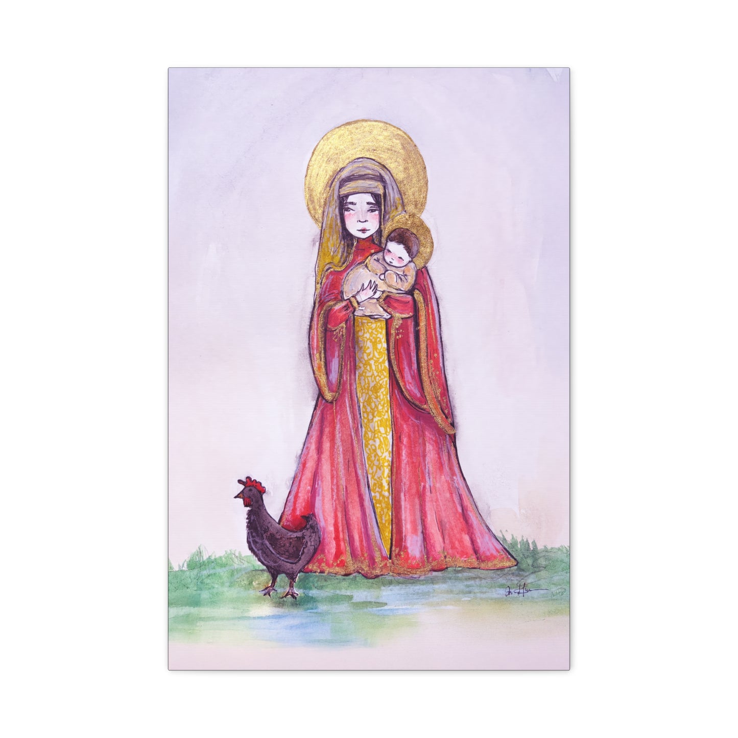Our Lady of the Hens Catholic Canvas Print | Virgin Mary and Child Sacred Art | Hand-Drawn Watercolor Marian Wall Art