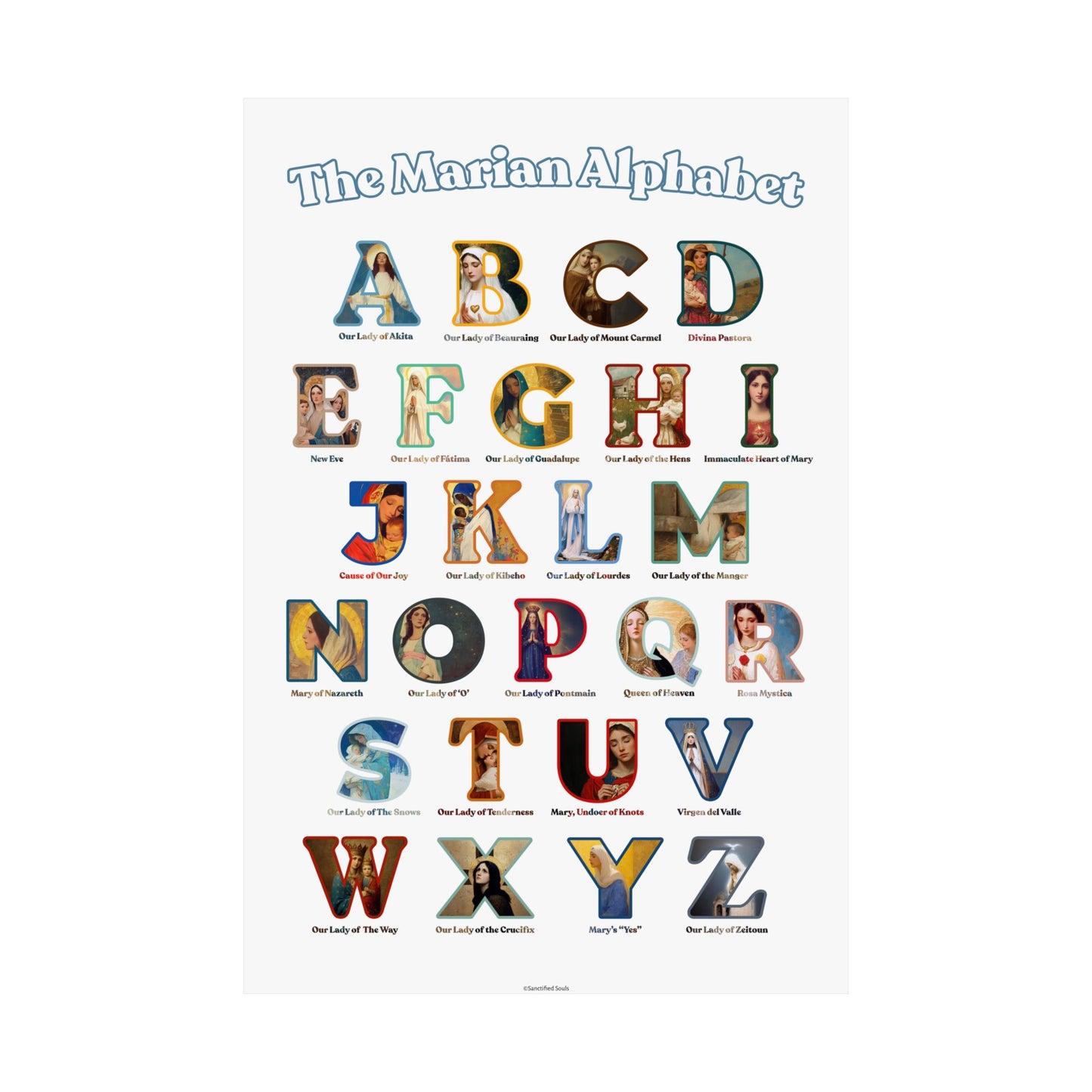 Catholic Marian Alphabet Poster - ABC Wall Art - Marian Titles Catholic Print - Catholic Nursery or Homeschool Faith Decor - Mother Mary Art