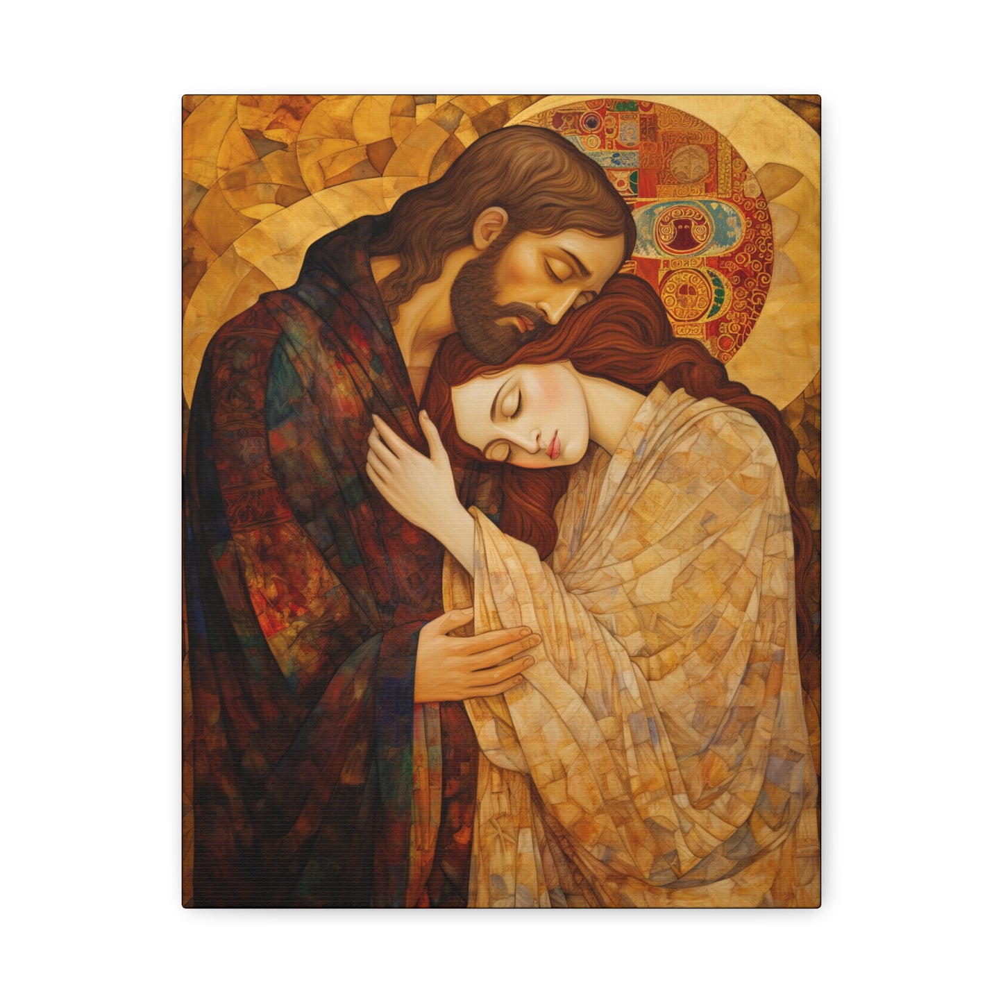 Healing Love- The Embrace of Christ and Mary Magdalene Museum Wrapped Canvas - Sanctified Souls Print -Based on Klimt's The Kiss