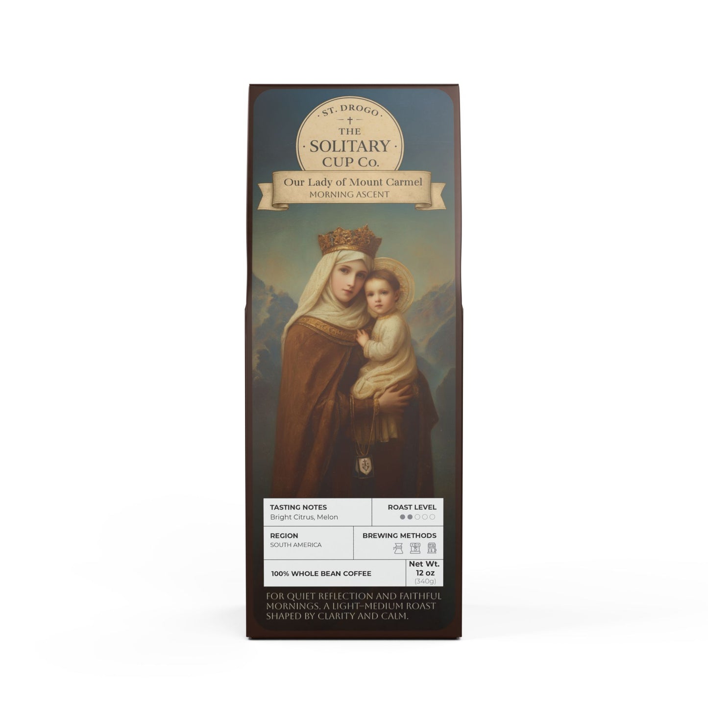 Our Lady of Mount Carmel - Morning Ascent (Light-Medium Roast) - St. Drogo - The Solitary Cup Co. - Artisan Catholic Saint Inspired Coffee - 12 oz