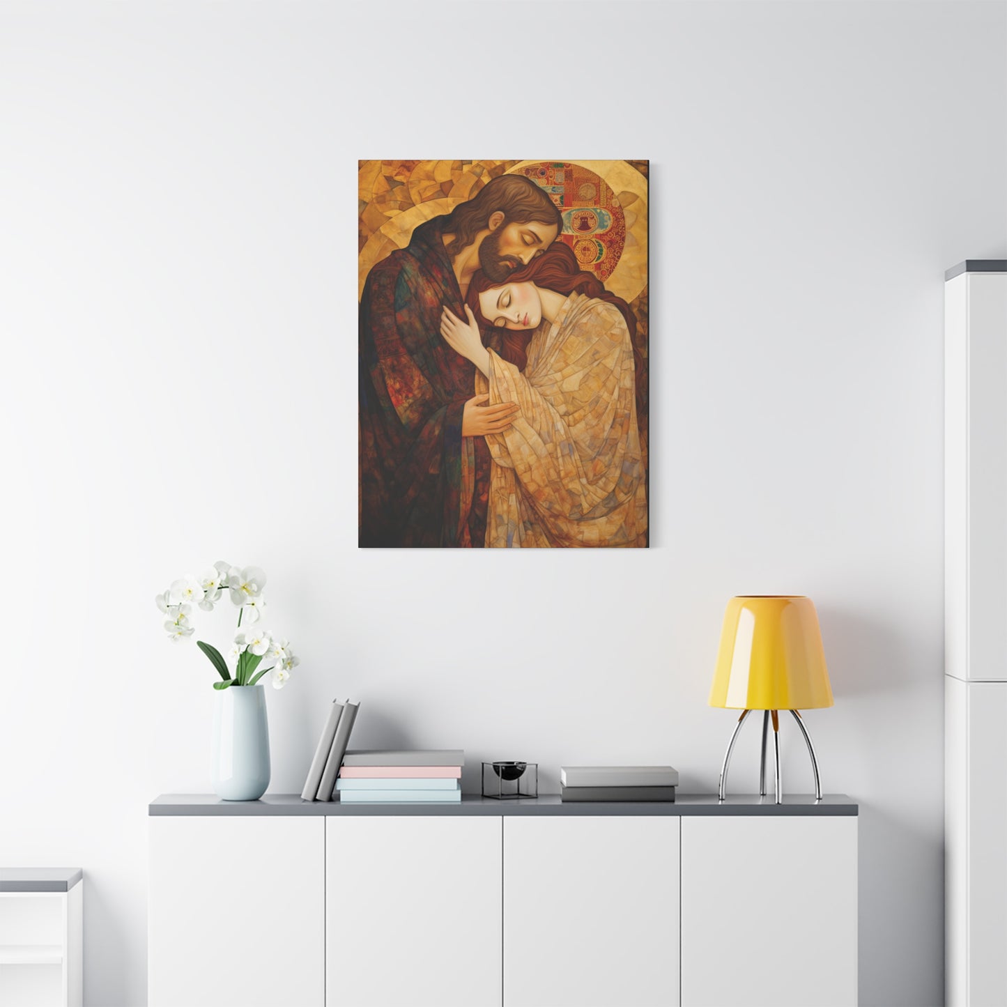 Healing Love- The Embrace of Christ and Mary Magdalene Museum Wrapped Canvas - Sanctified Souls Print -Based on Klimt's The Kiss