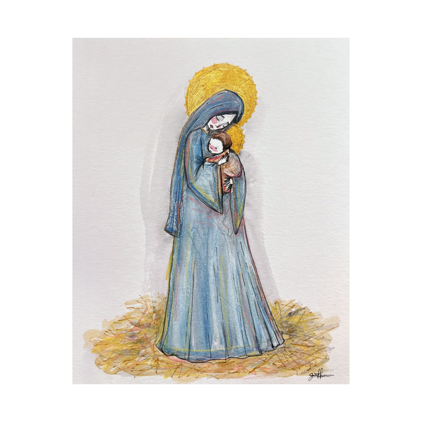 Our Lady of the Manger Catholic Art Print | Hand-Drawn Watercolor Virgin Mary Artwork | Christian Devotional Wall Art