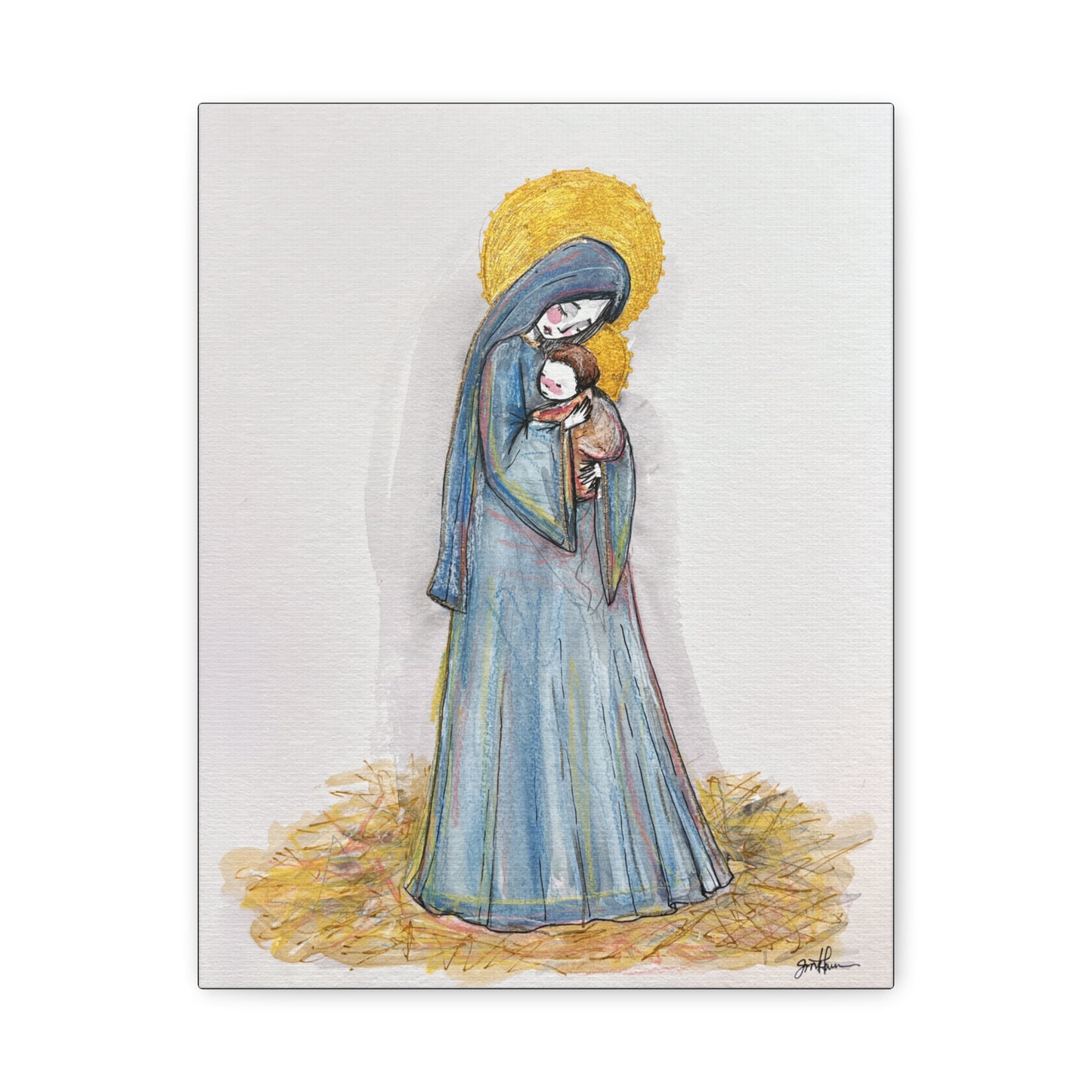 Our Lady of the Manger - Mother Mary Art - Catholic Canvas Print | Virgin Mary Sacred Art | Hand-Drawn Watercolor Christian Wall Art