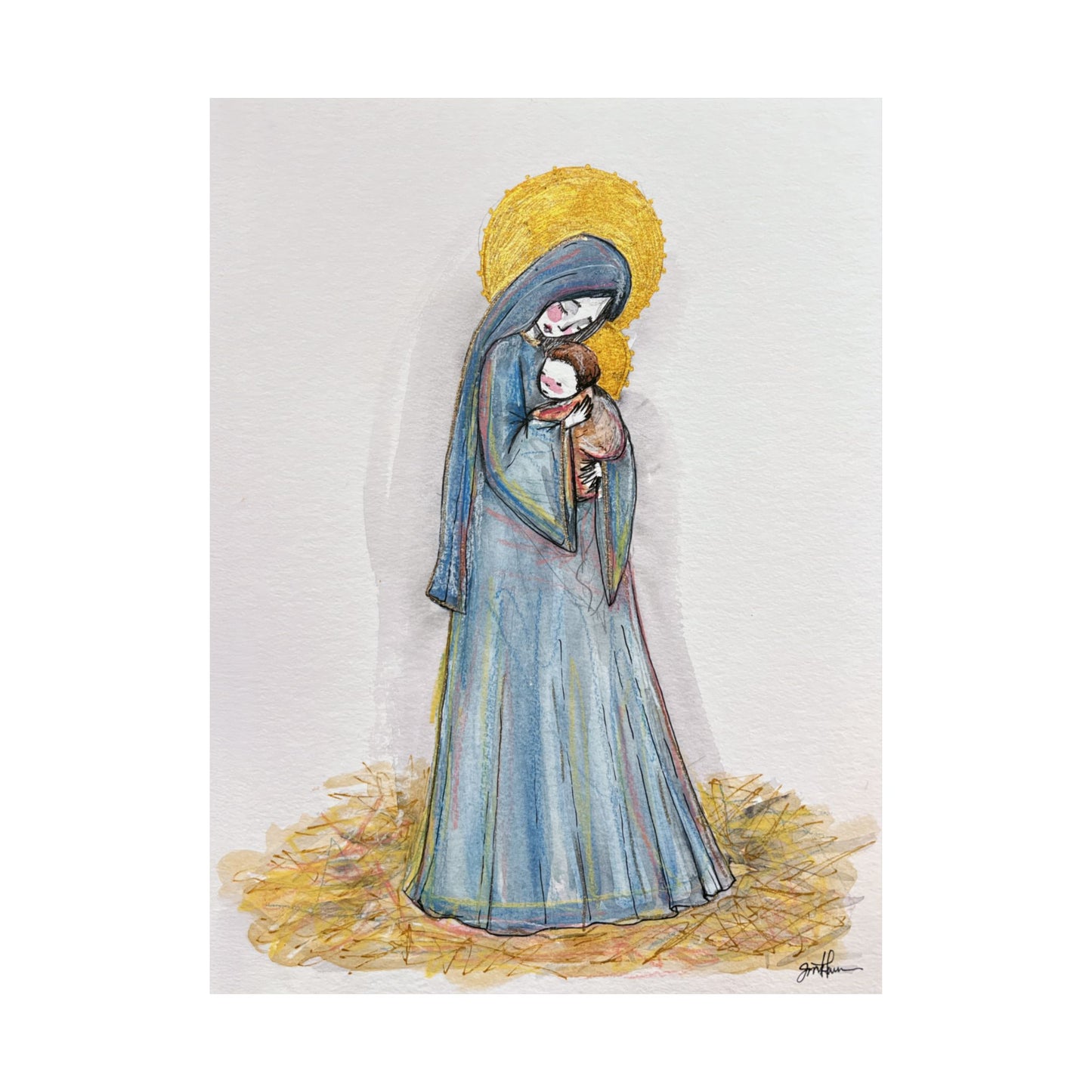 Our Lady of the Manger Catholic Art Print | Hand-Drawn Watercolor Virgin Mary Artwork | Christian Devotional Wall Art