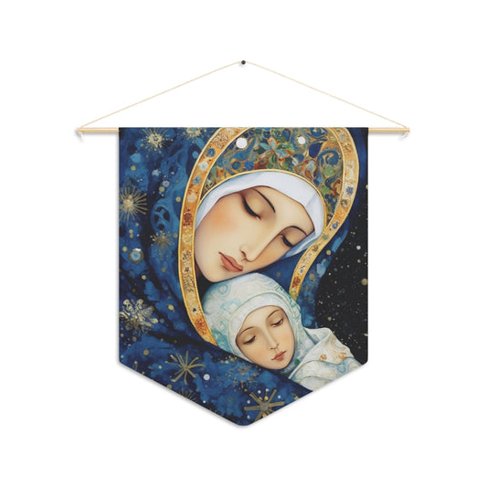 Snowfall's Embrace Wall Banner / Wall Hanging - Our Lady of the Snows - Catholic Home Art - Saint Art for your home - 18" x 21"