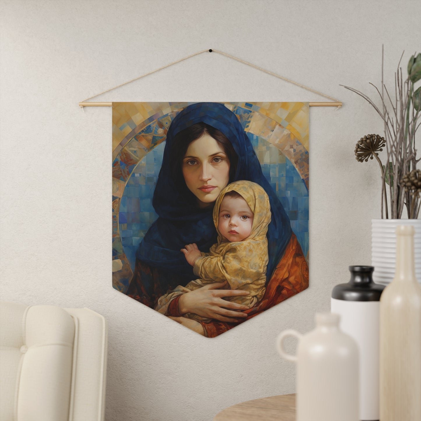 Maternal Seraph - Virgin Mary and Infant Jesus Wall Banner / Wall Hanging - Prayer room art - Catholic Home Art - Large Print - 18" x 21"